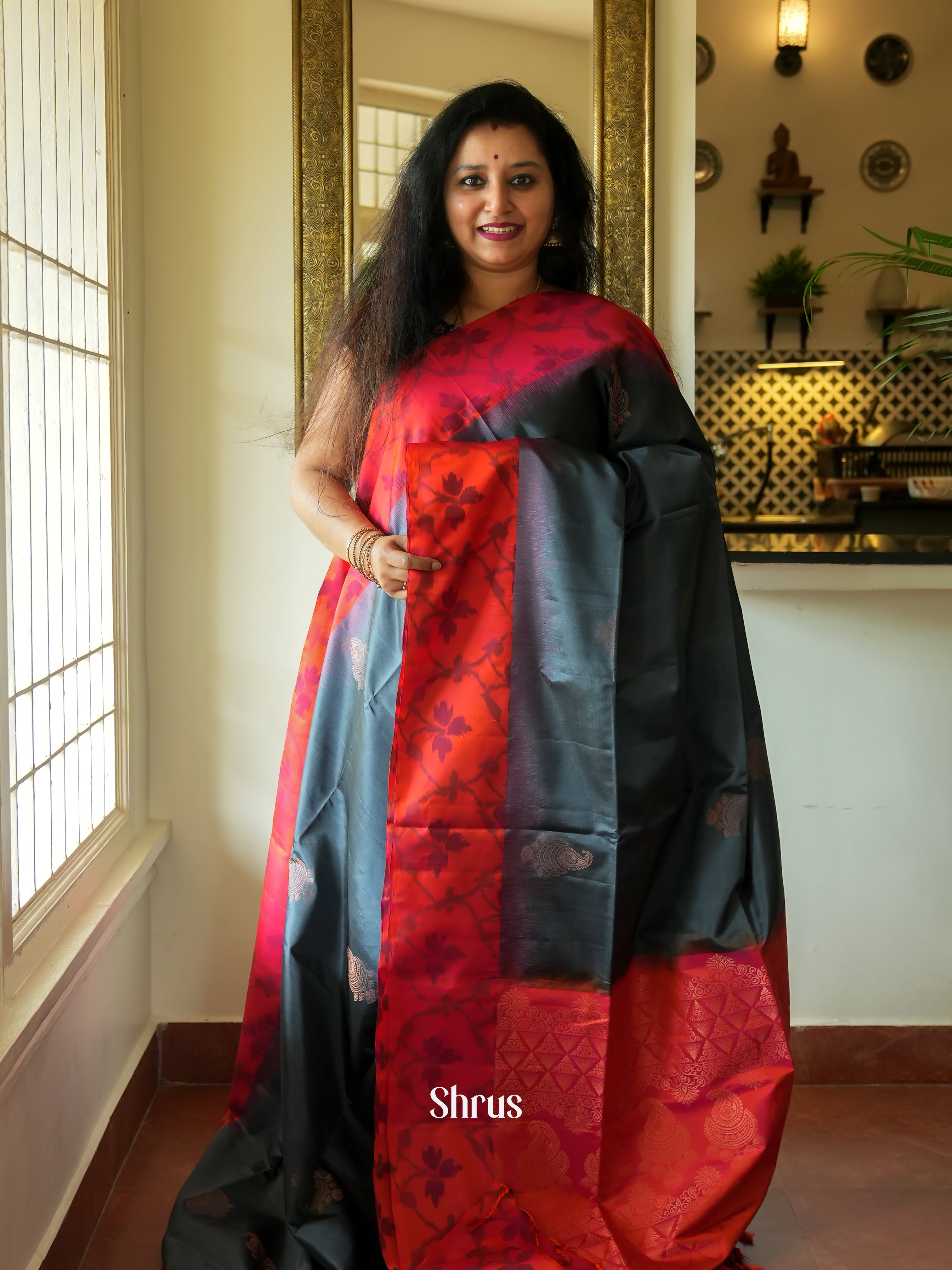 Peacock Green & Orangish Pink - Soft Silk Saree - Shop on ShrusEternity.com