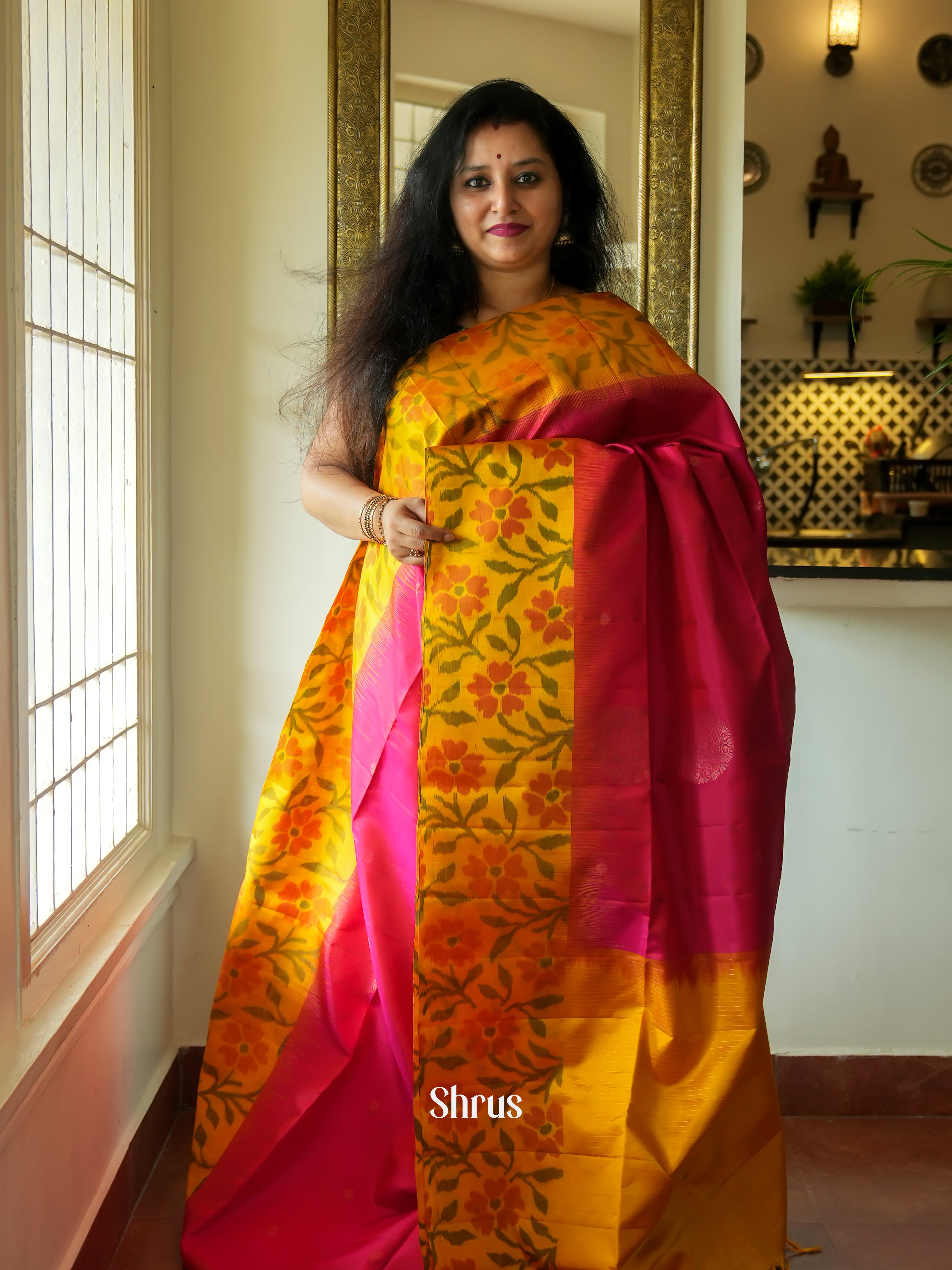 Pink & Yellow - Soft Silk Saree - Shop on ShrusEternity.com