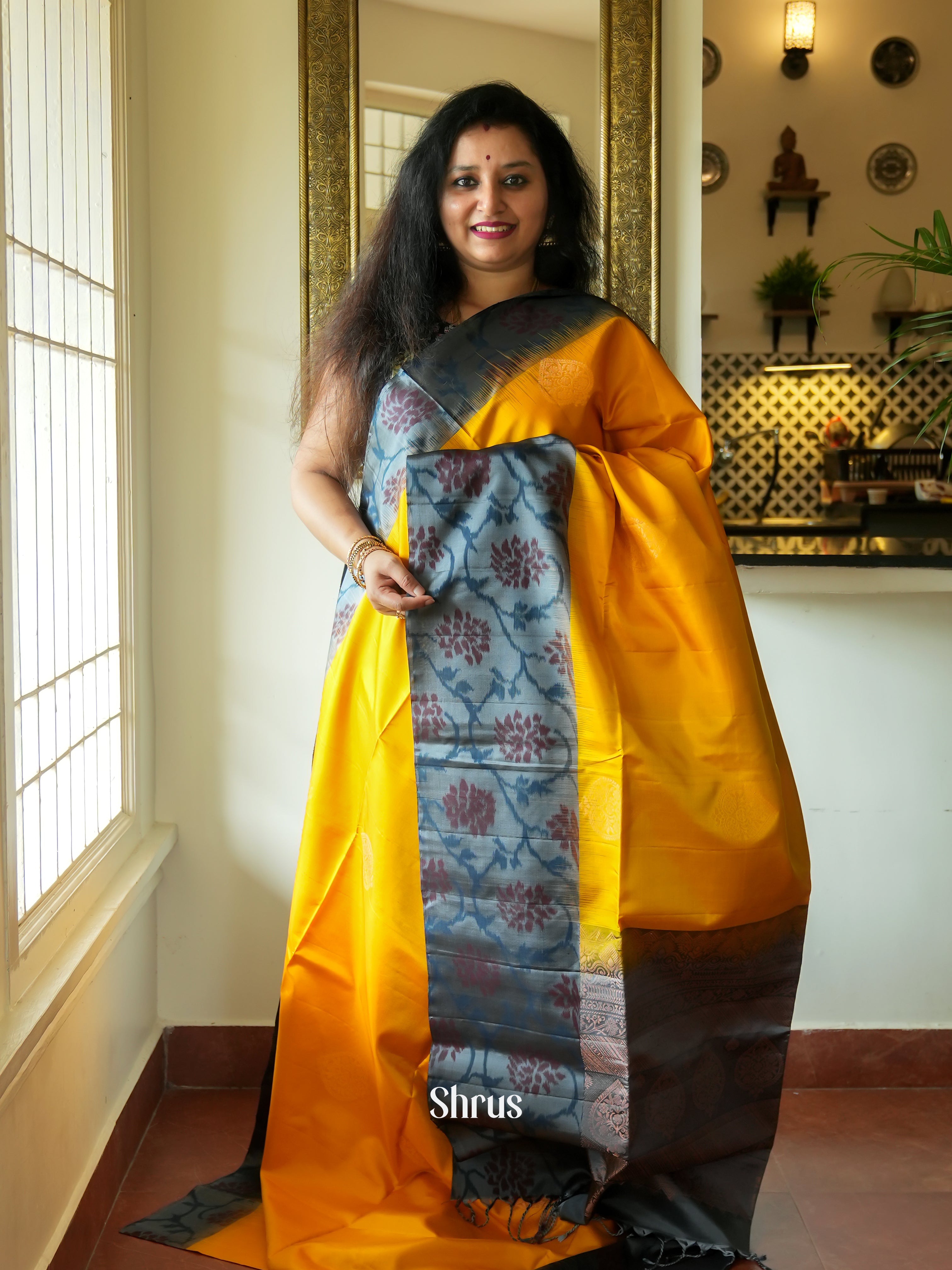 Yellow & Grey- Soft Silk Saree - Shop on ShrusEternity.com