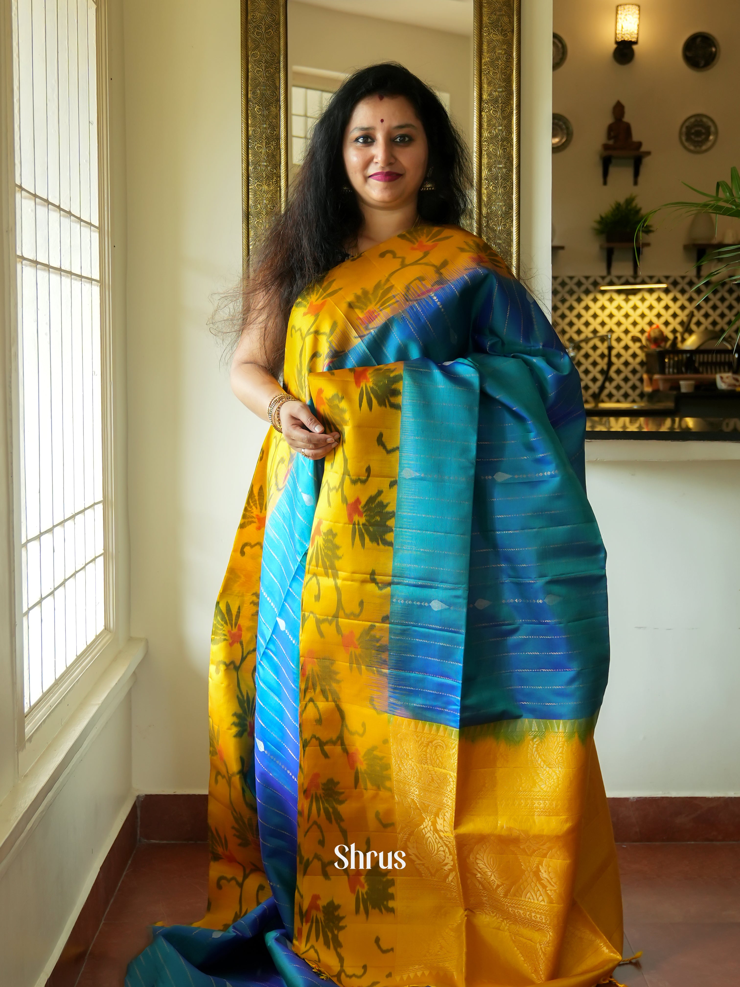 Blue & Yellow- Soft Silk Saree - Shop on ShrusEternity.com