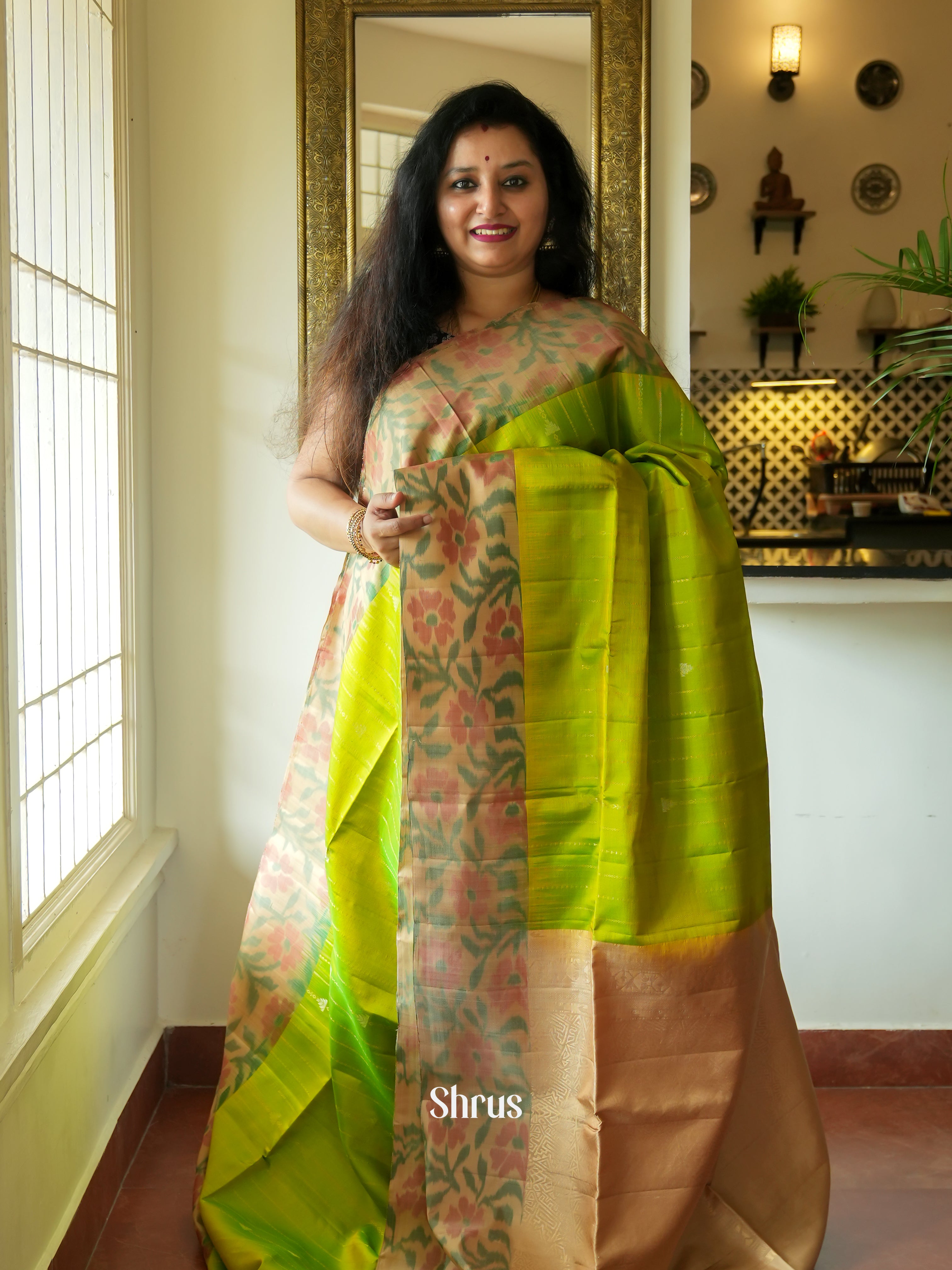 Green & Cream - Soft Silk Saree - Shop on ShrusEternity.com