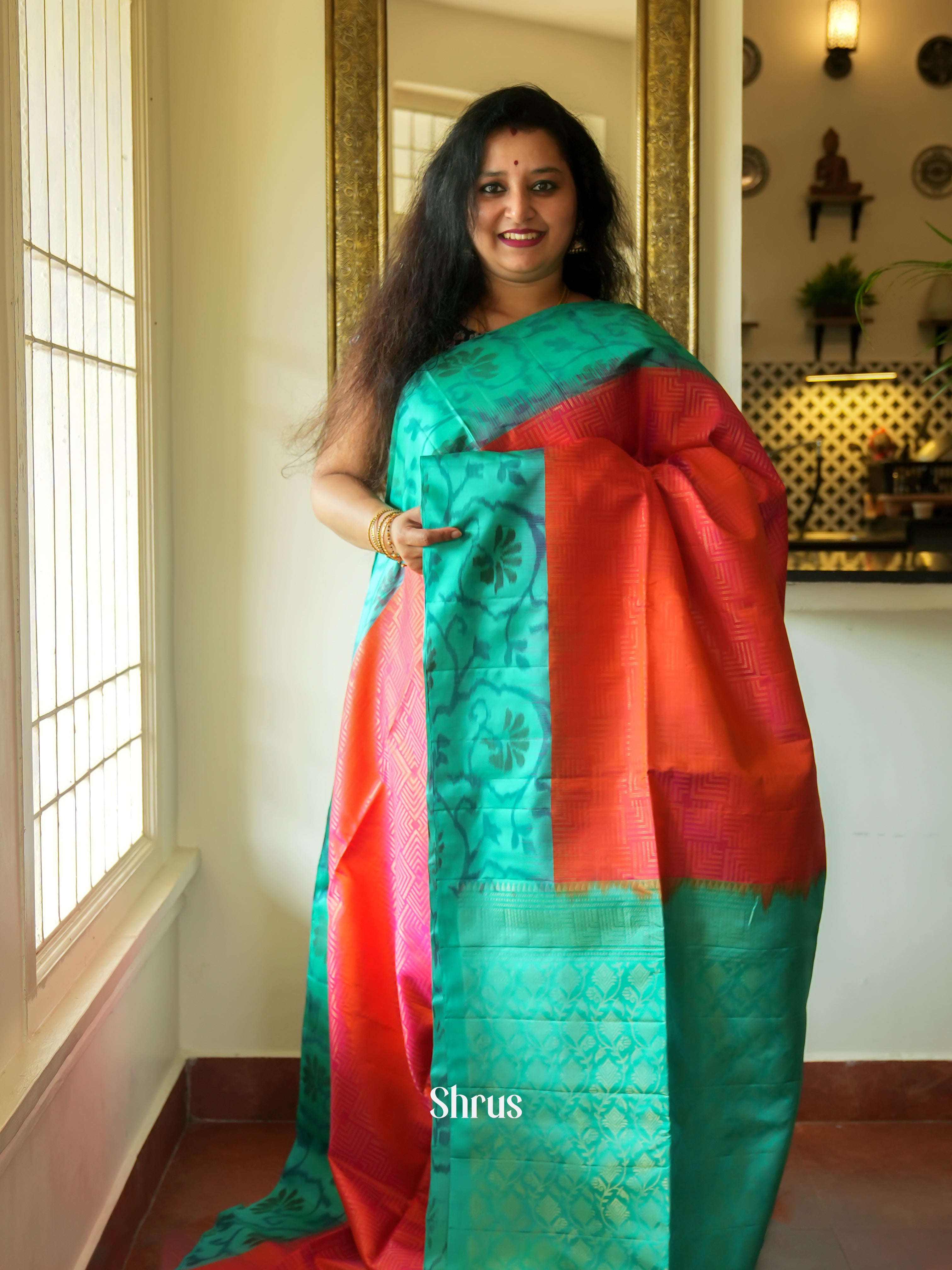 Orange & Green - Soft Silk Saree - Shop on ShrusEternity.com