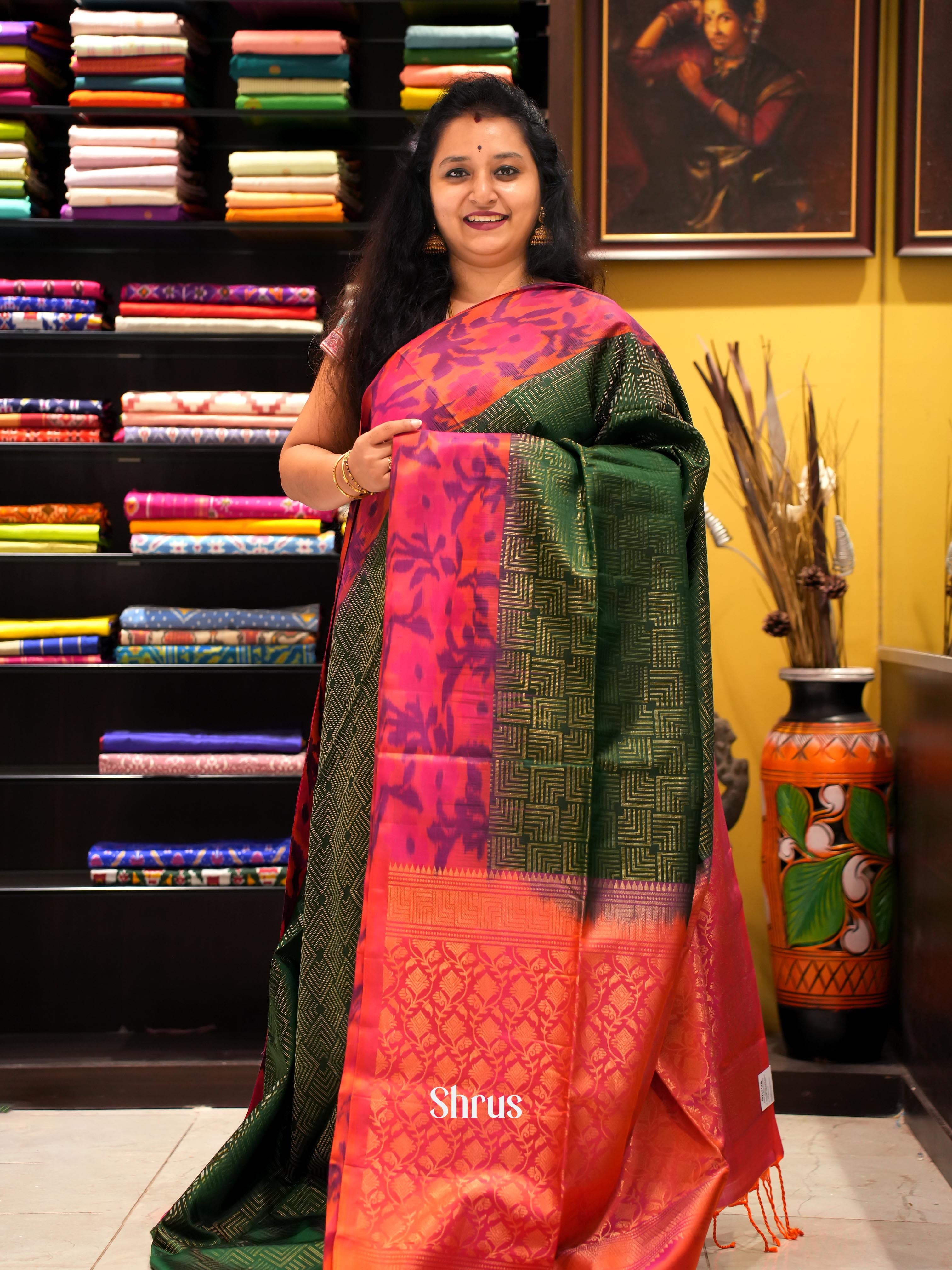 Green & Orange - Soft Silk Saree - Shop on ShrusEternity.com