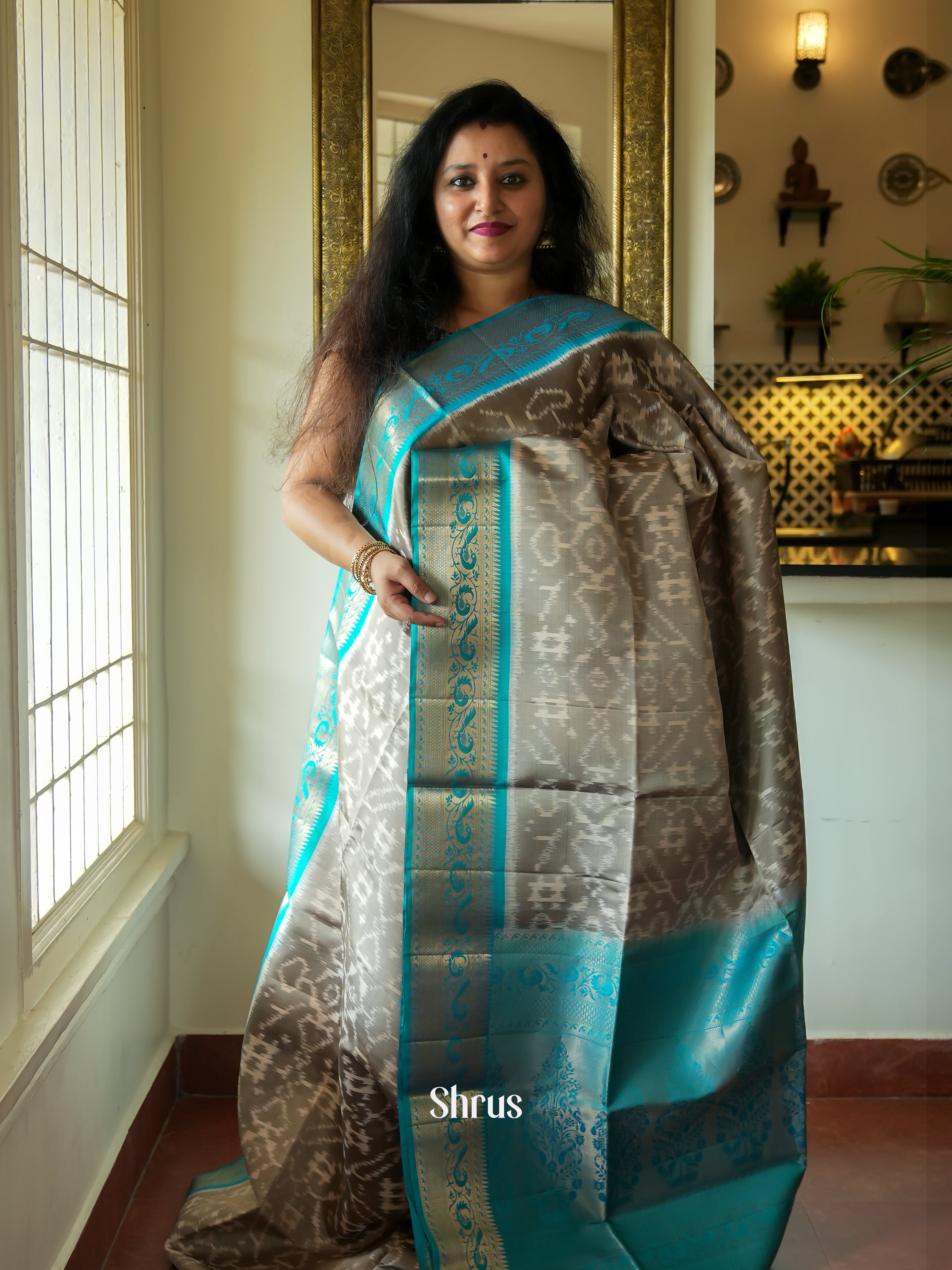 Grey & Blue - Soft Silk Saree - Shop on ShrusEternity.com