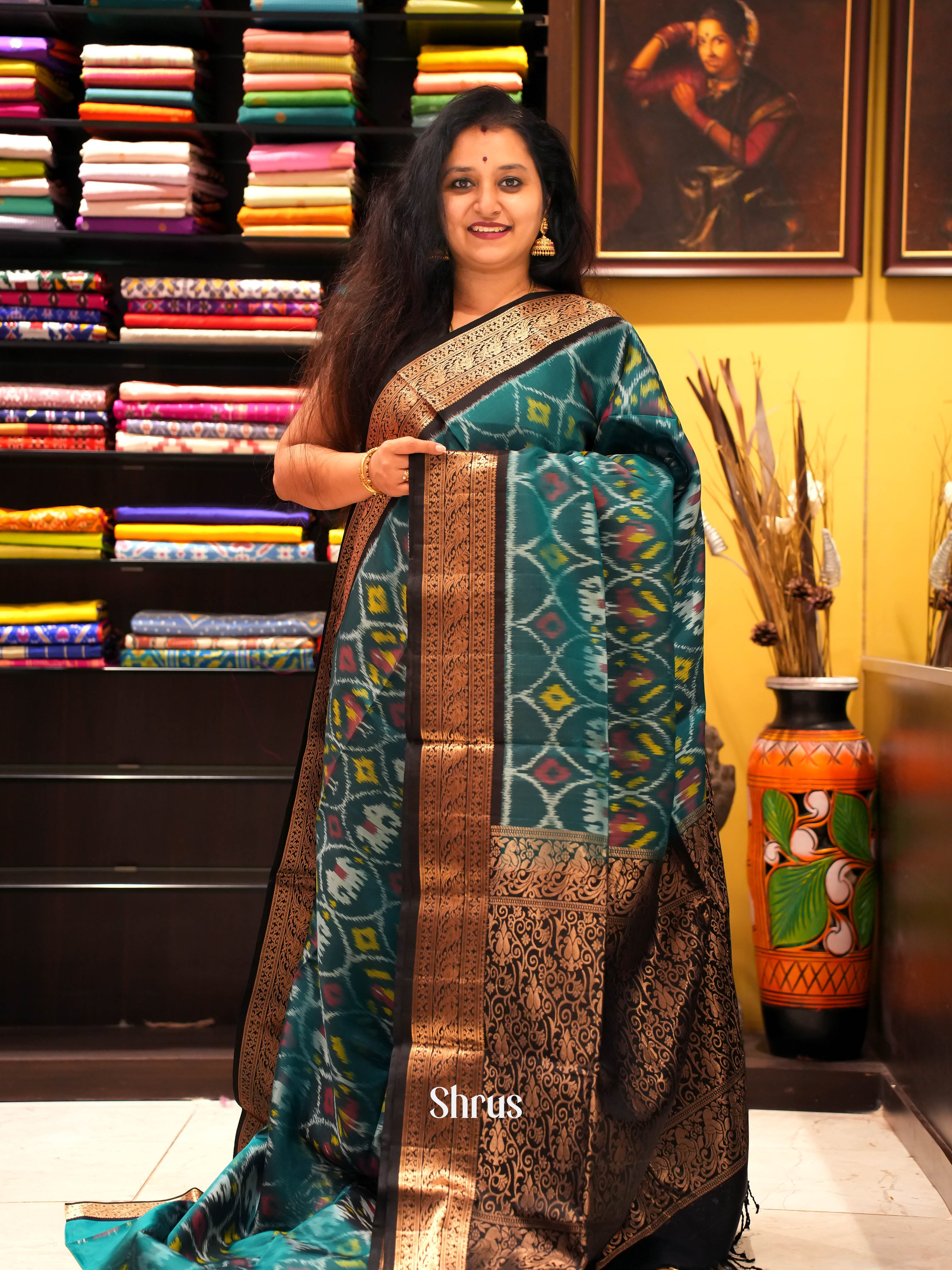 Teal & Black -Soft Silk Saree - Shop on ShrusEternity.com