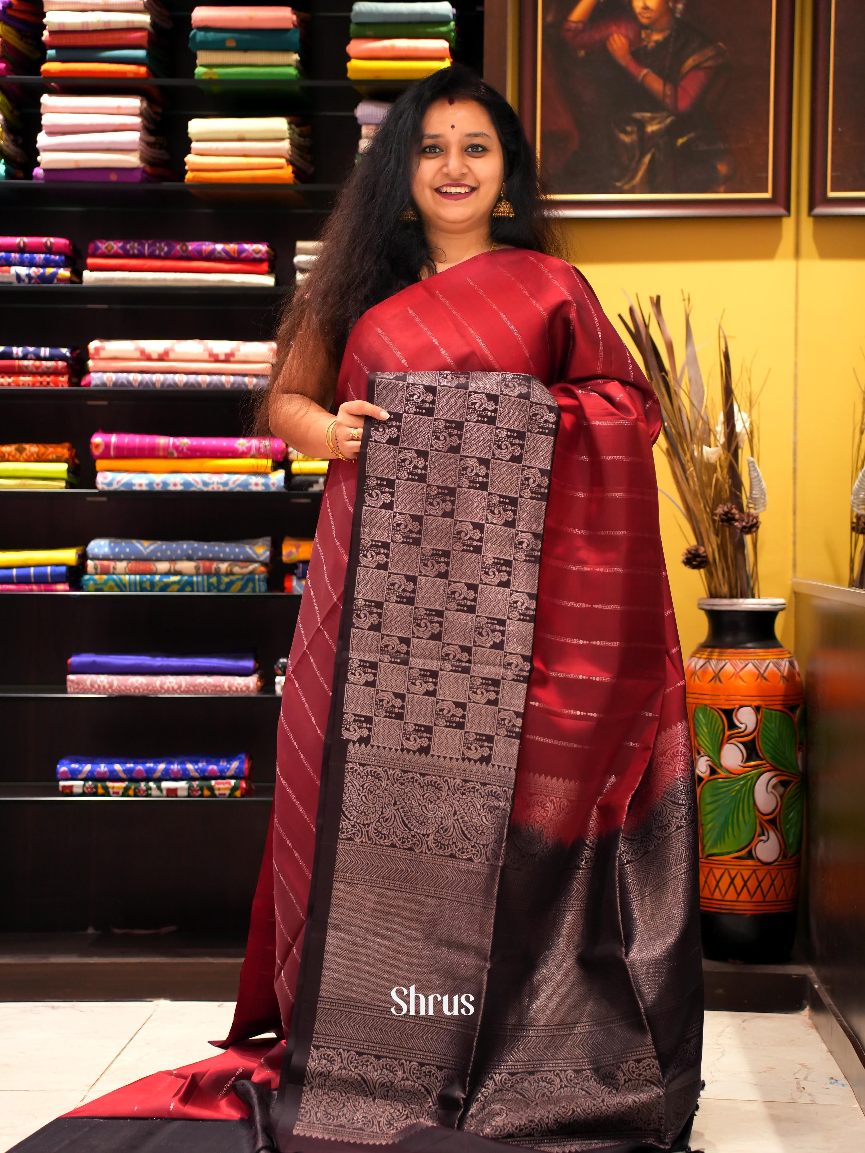 Maroon & Black - Soft Silk Saree - Shop on ShrusEternity.com