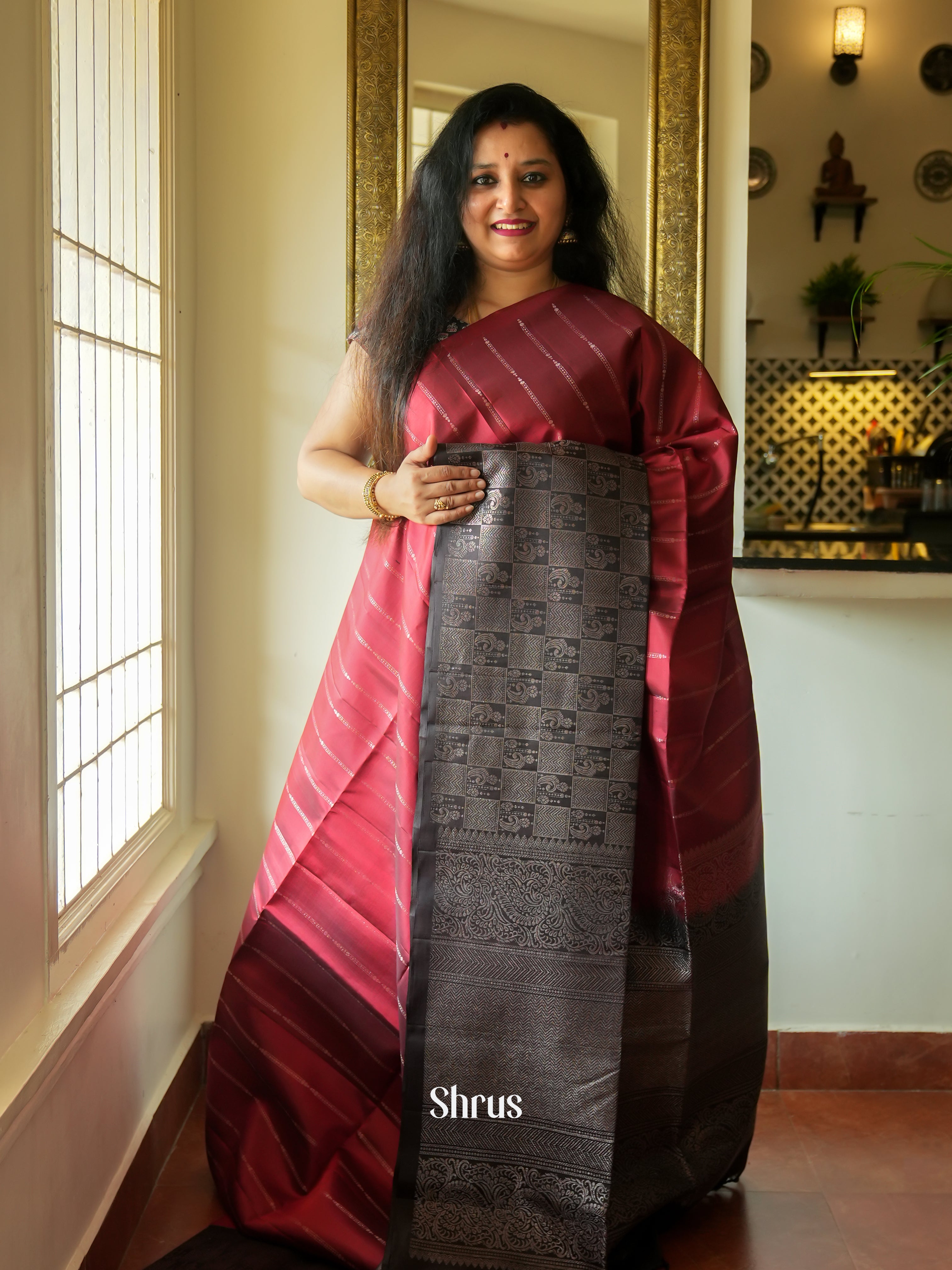 Maroon & Black - Soft Silk Saree - Shop on ShrusEternity.com
