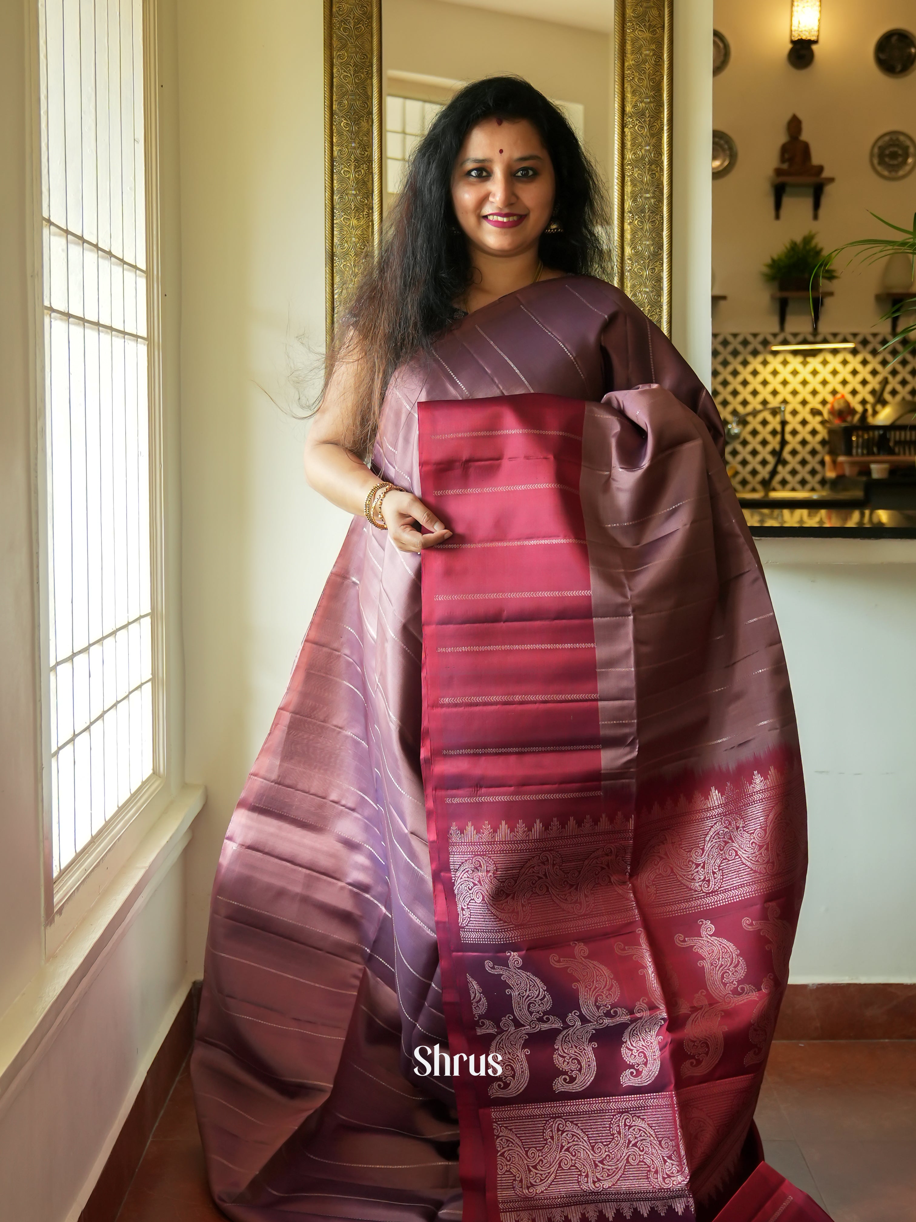 Dusty Brown & Maroon - Soft Silk Saree - Shop on ShrusEternity.com