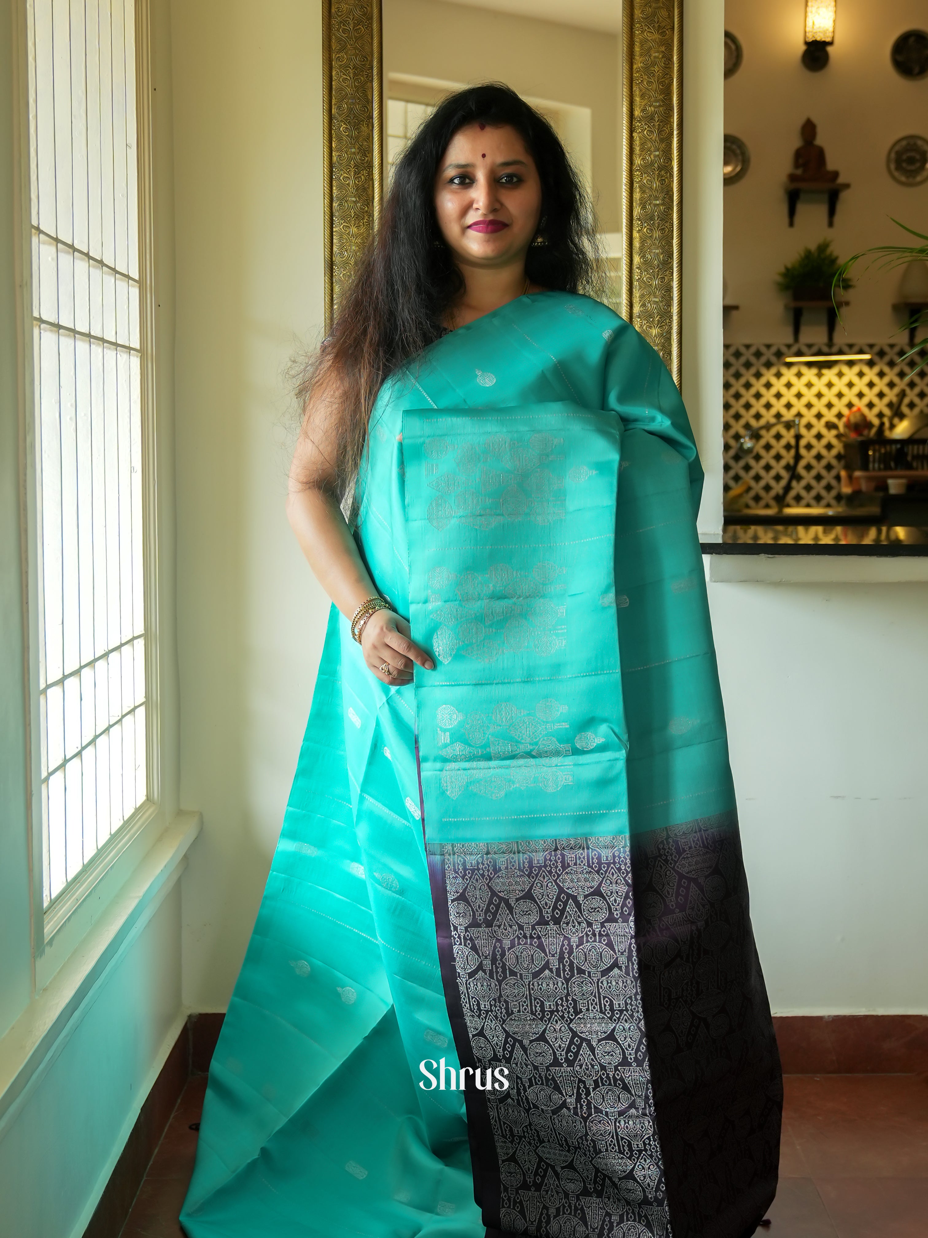 Teal Blue & Navy Blue- Soft Silk Saree - Shop on ShrusEternity.com