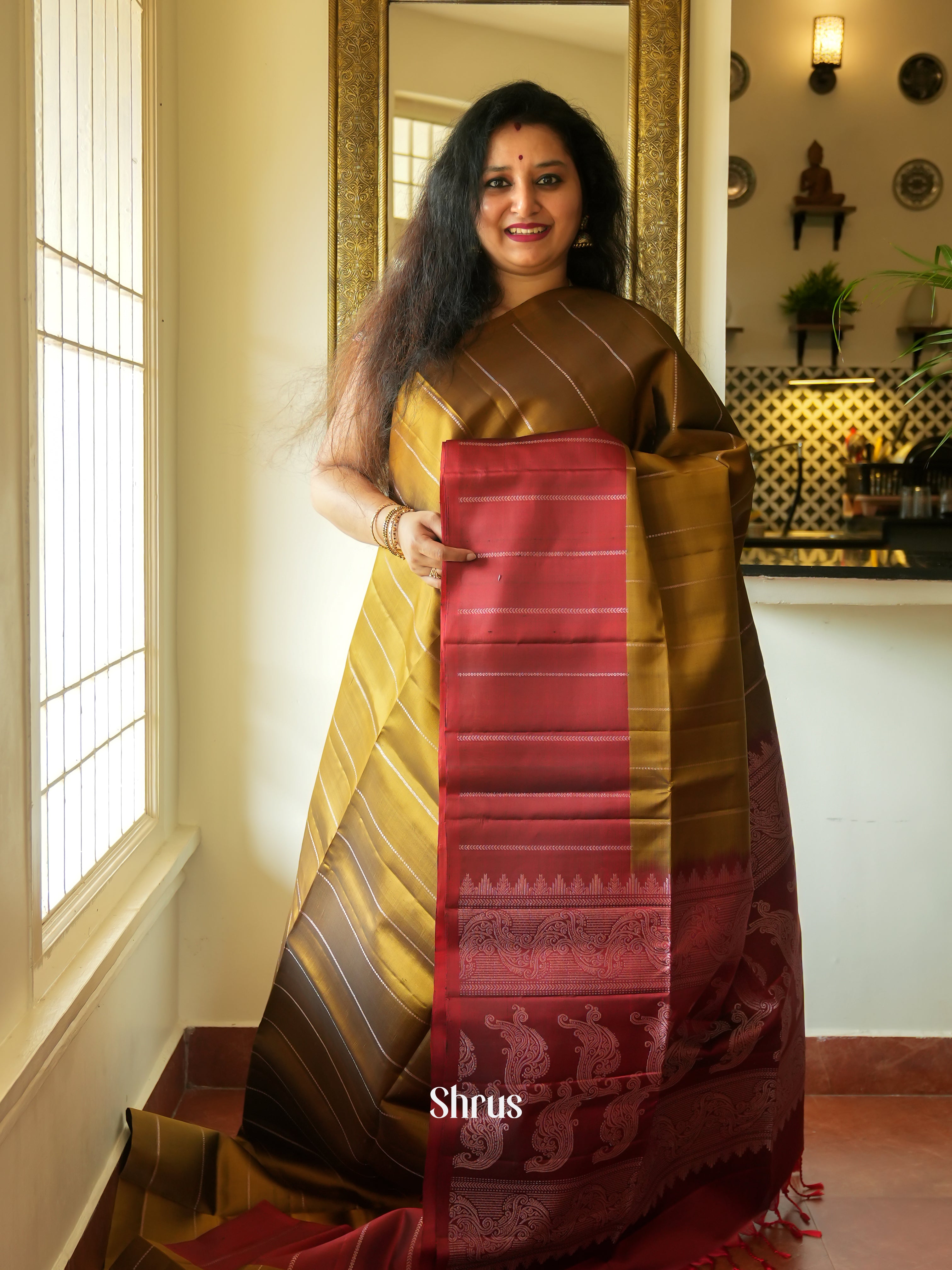 Mehandi Green & Maroon - Soft Silk Saree - Shop on ShrusEternity.com