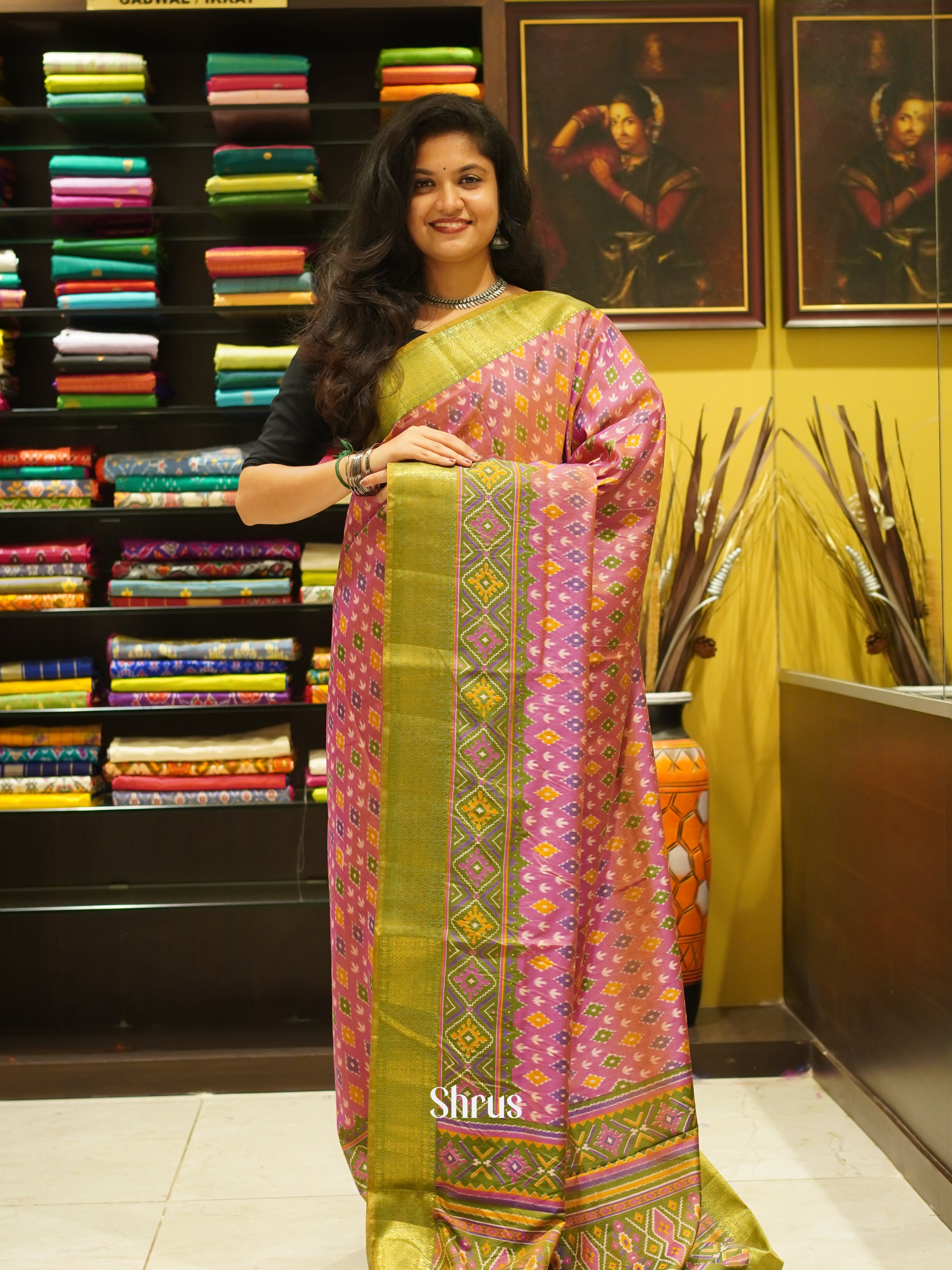 Pink & Green - Semi Patola Saree - Shop on ShrusEternity.com