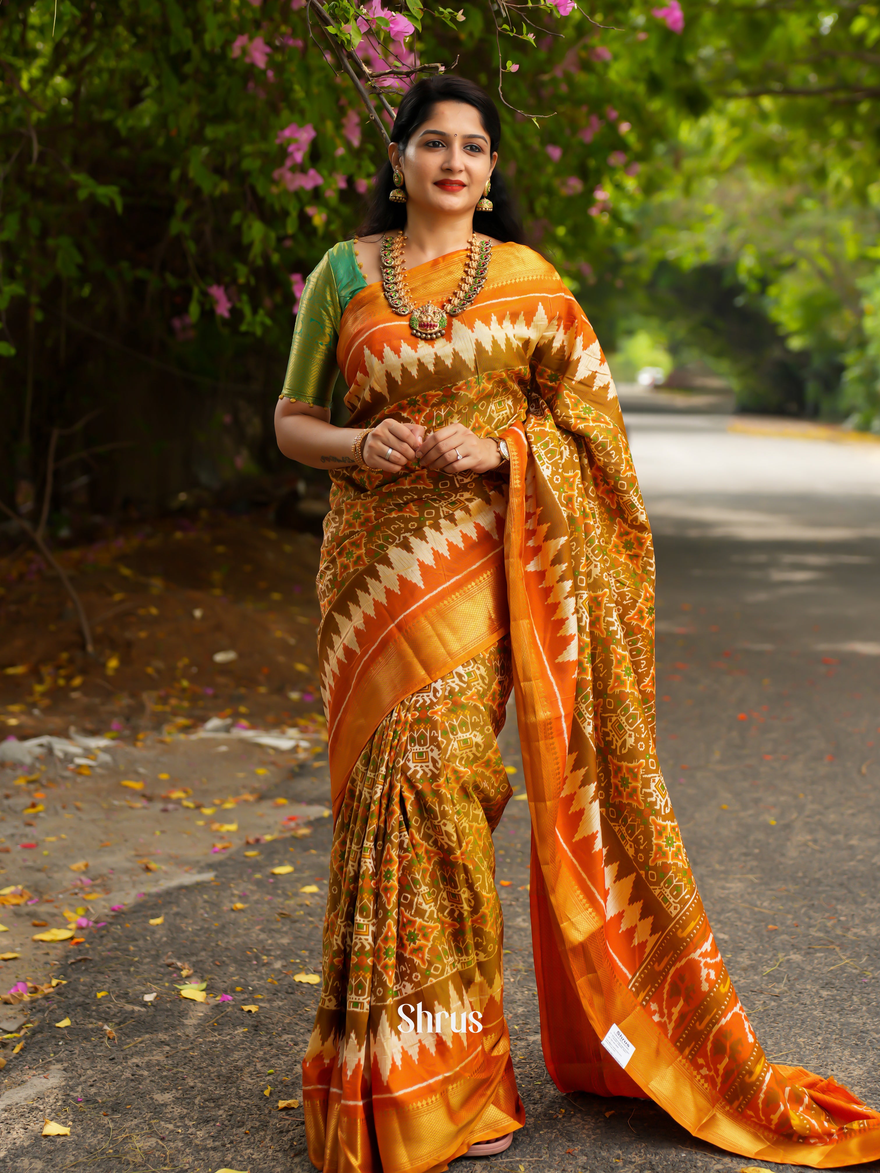 Green & Orange - Semi Patola Saree - Shop on ShrusEternity.com