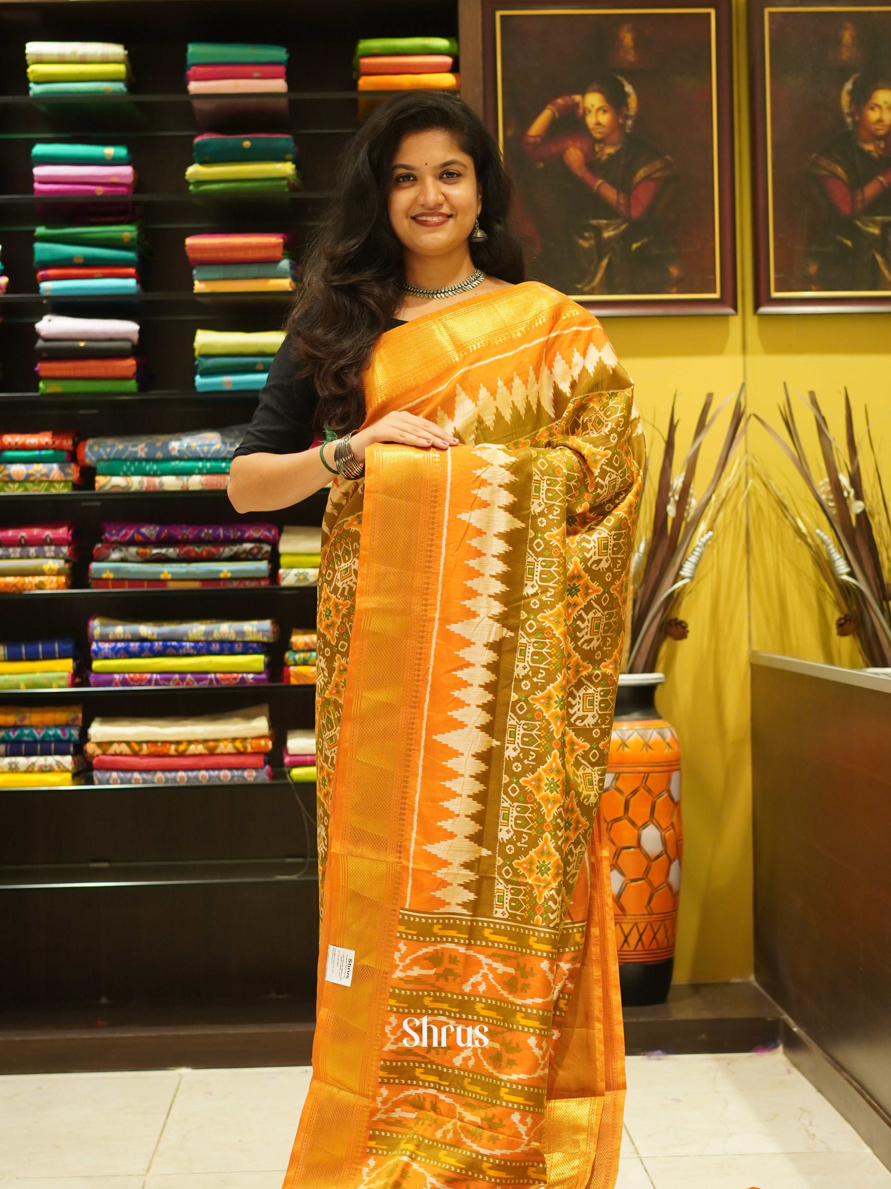 Green & Orange - Semi Patola Saree - Shop on ShrusEternity.com