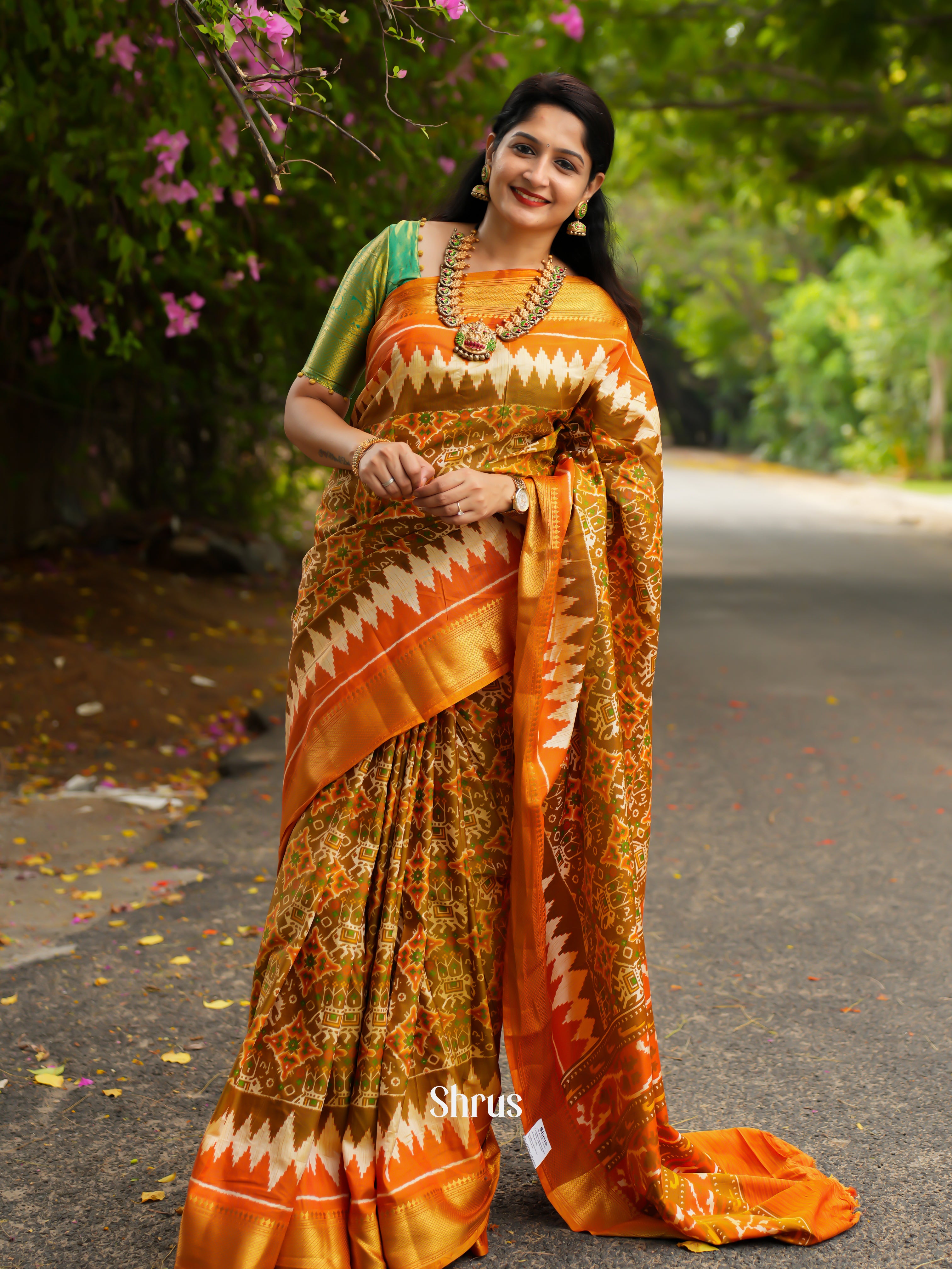 Green & Orange - Semi Patola Saree - Shop on ShrusEternity.com