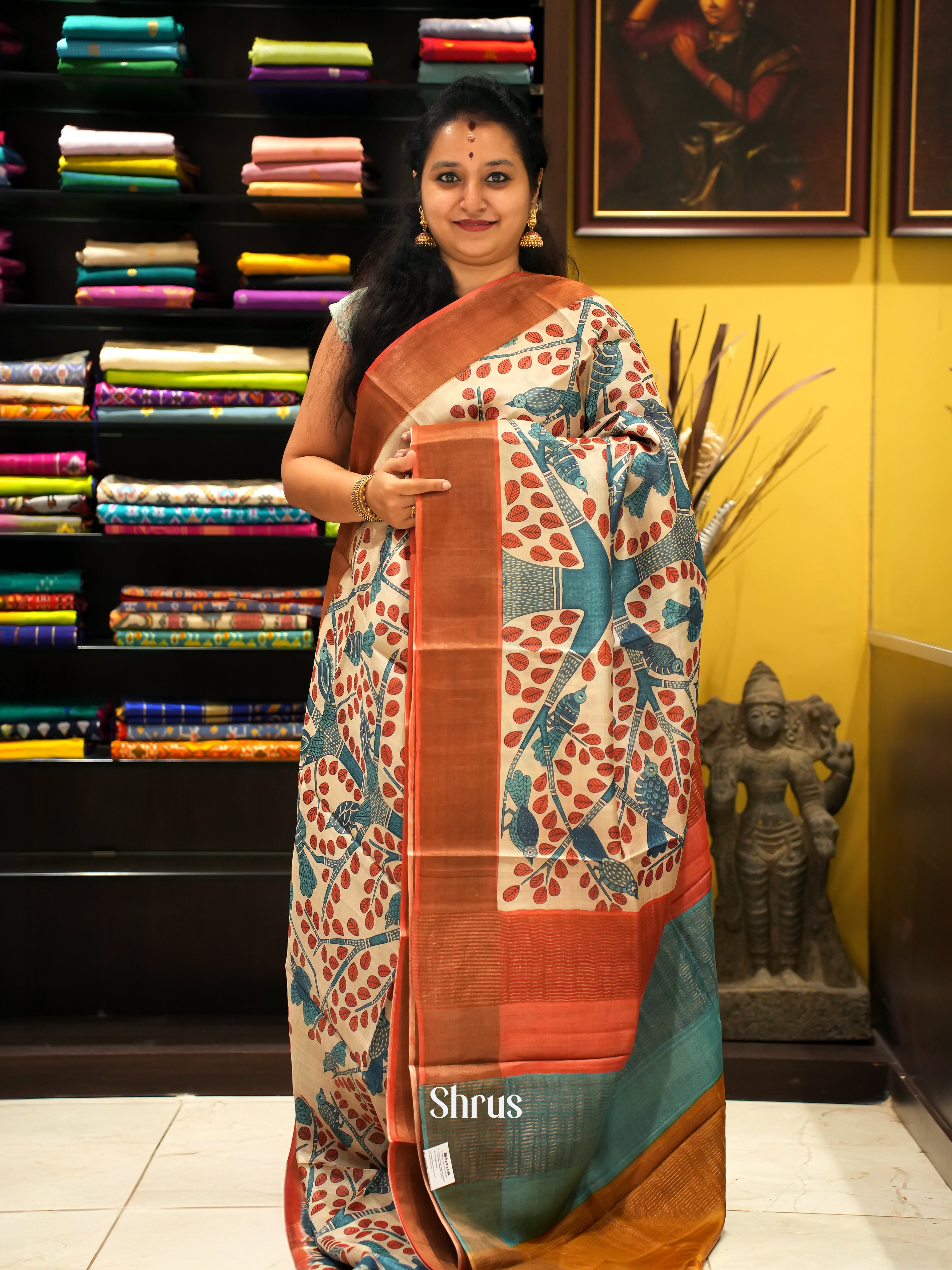 Cream & Red - Tussar Saree - Shop on ShrusEternity.com