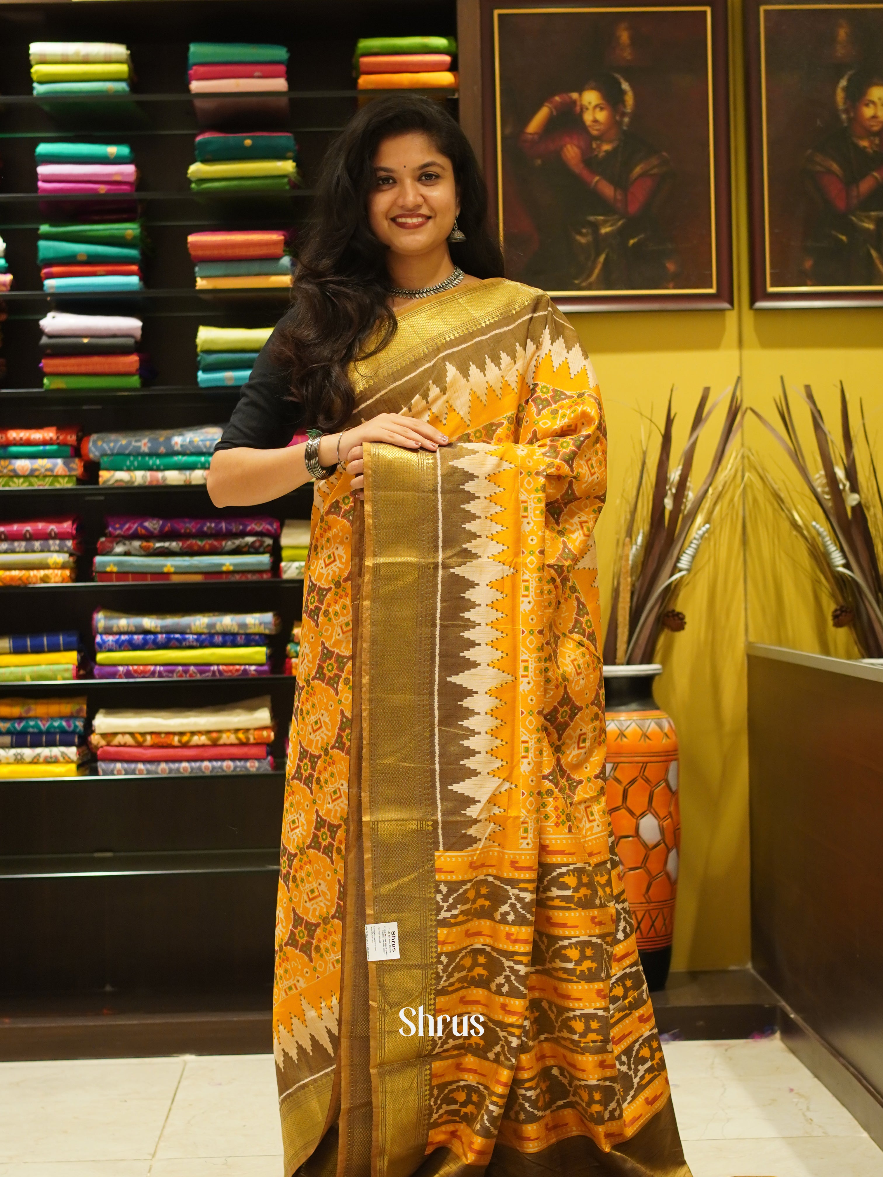 Dual toned Orange & Brown - Semi Patola saree - Shop on ShrusEternity.com