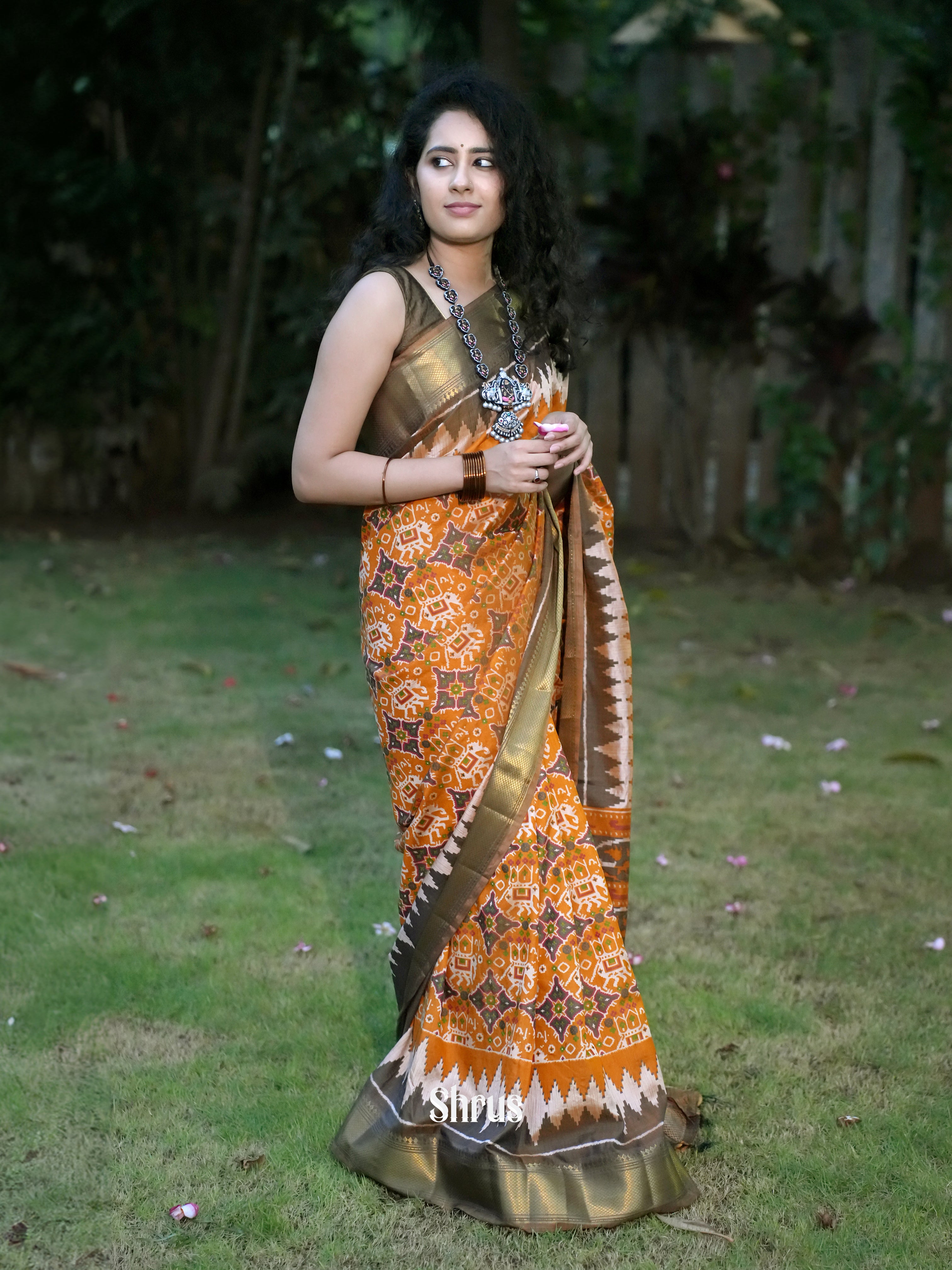 Dual toned Orange & Brown - Semi Patola saree - Shop on ShrusEternity.com