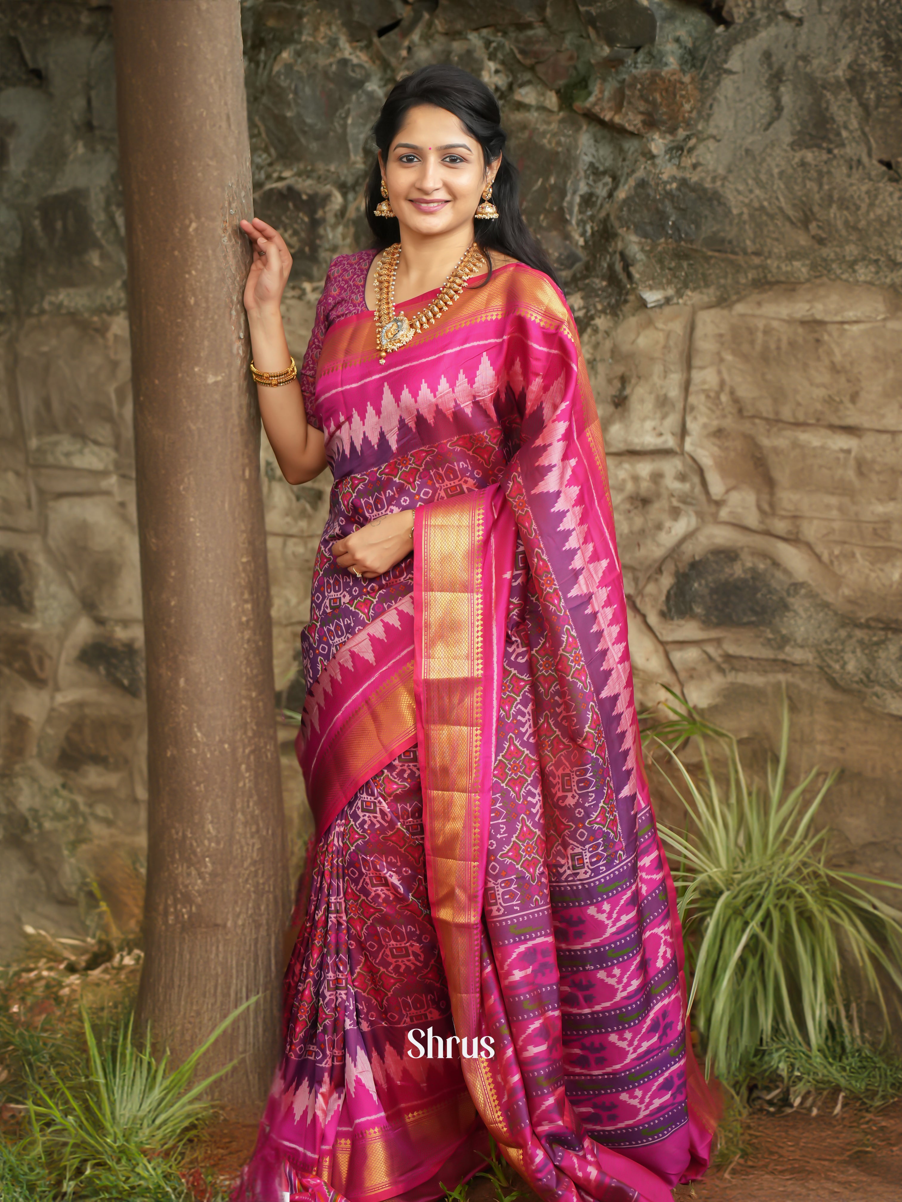 Purple & Pink - Semi Patola Saree - Shop on ShrusEternity.com
