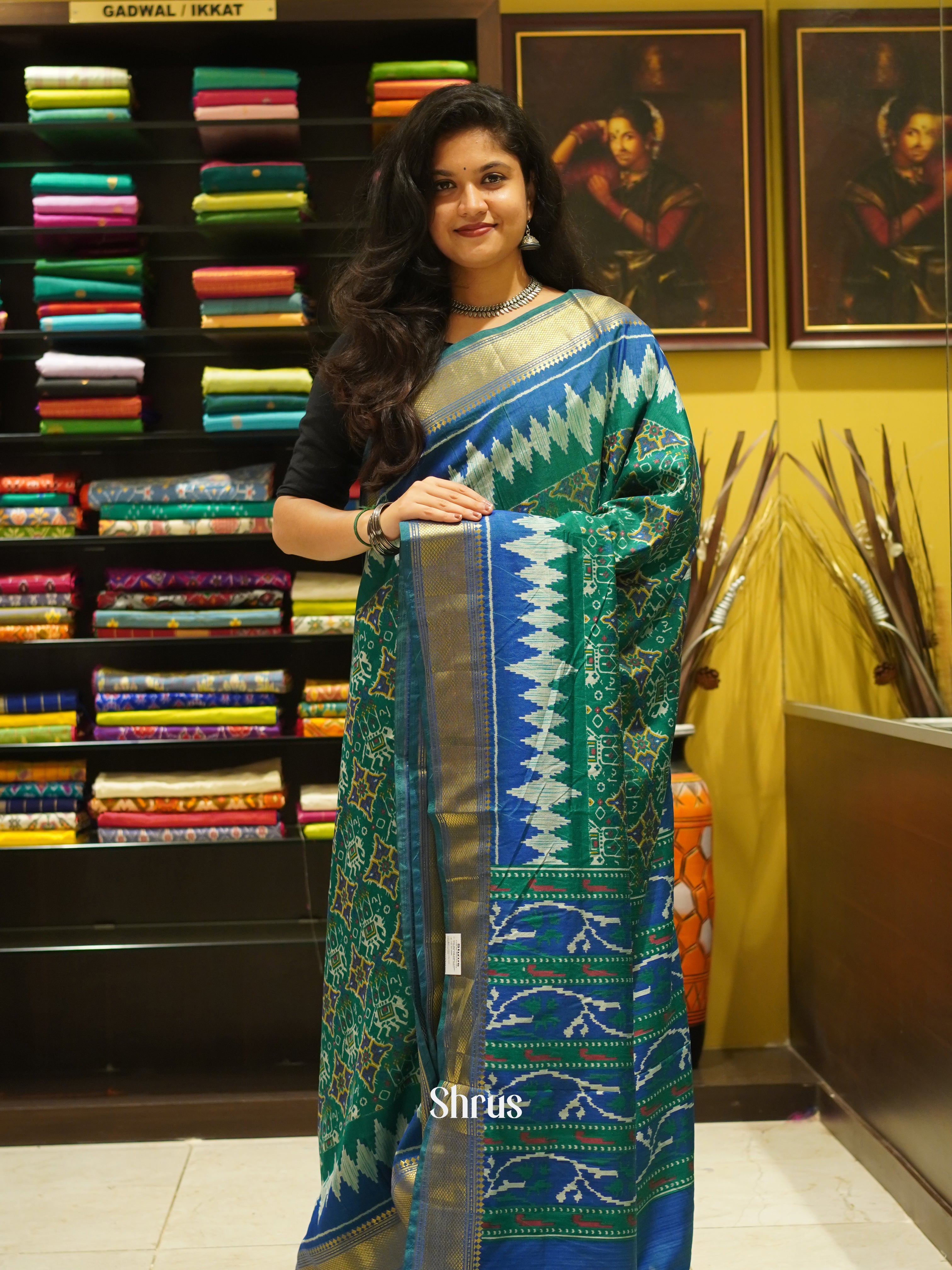 Green & Blue- Semi Patola Saree - Shop on ShrusEternity.com