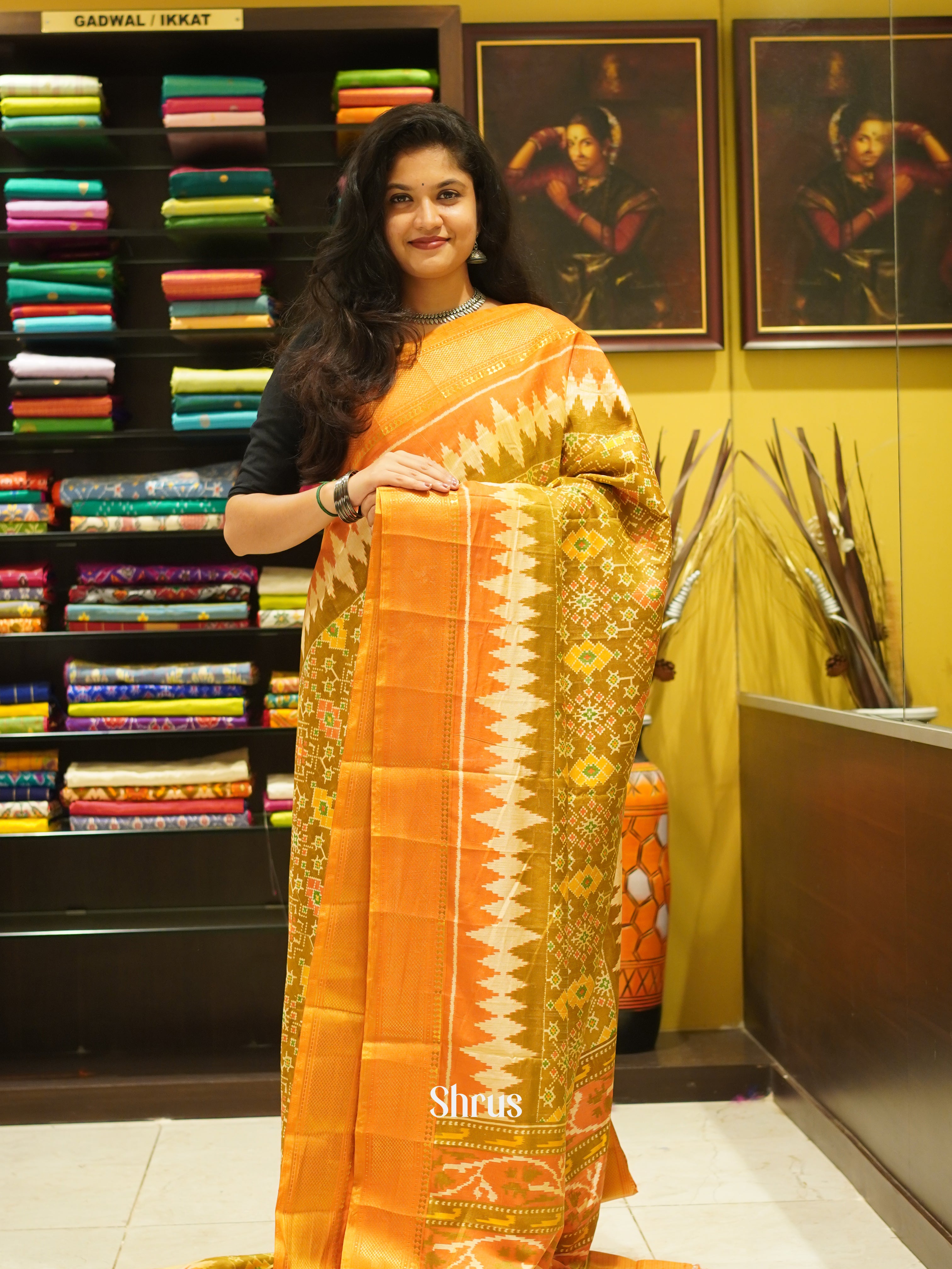 Green & Orange - Semi Patola Saree - Shop on ShrusEternity.com
