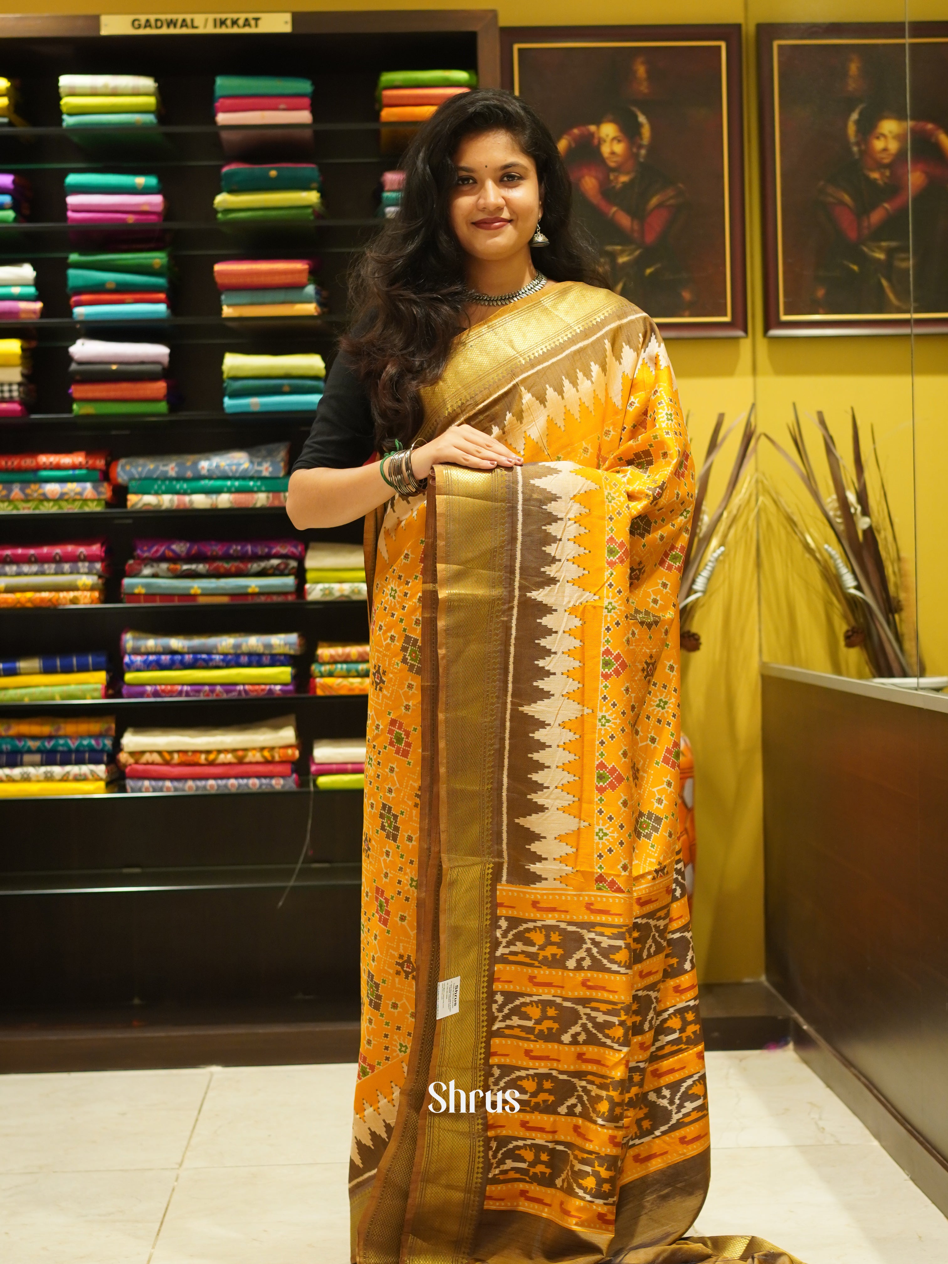 Mustard & Brown - Semi Patola Saree - Shop on ShrusEternity.com