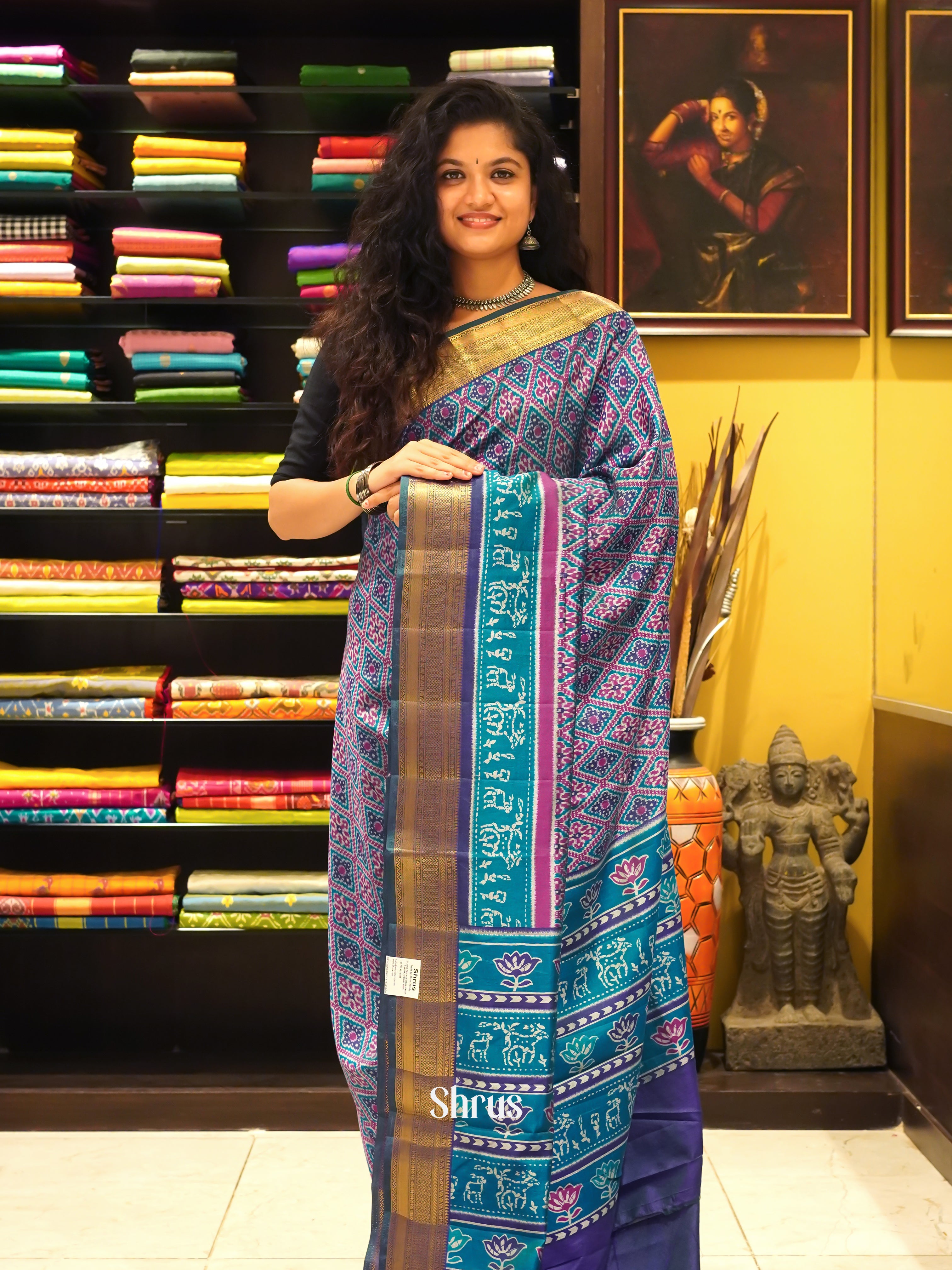 Blue & Pink - Semi Patola Saree - Shop on ShrusEternity.com