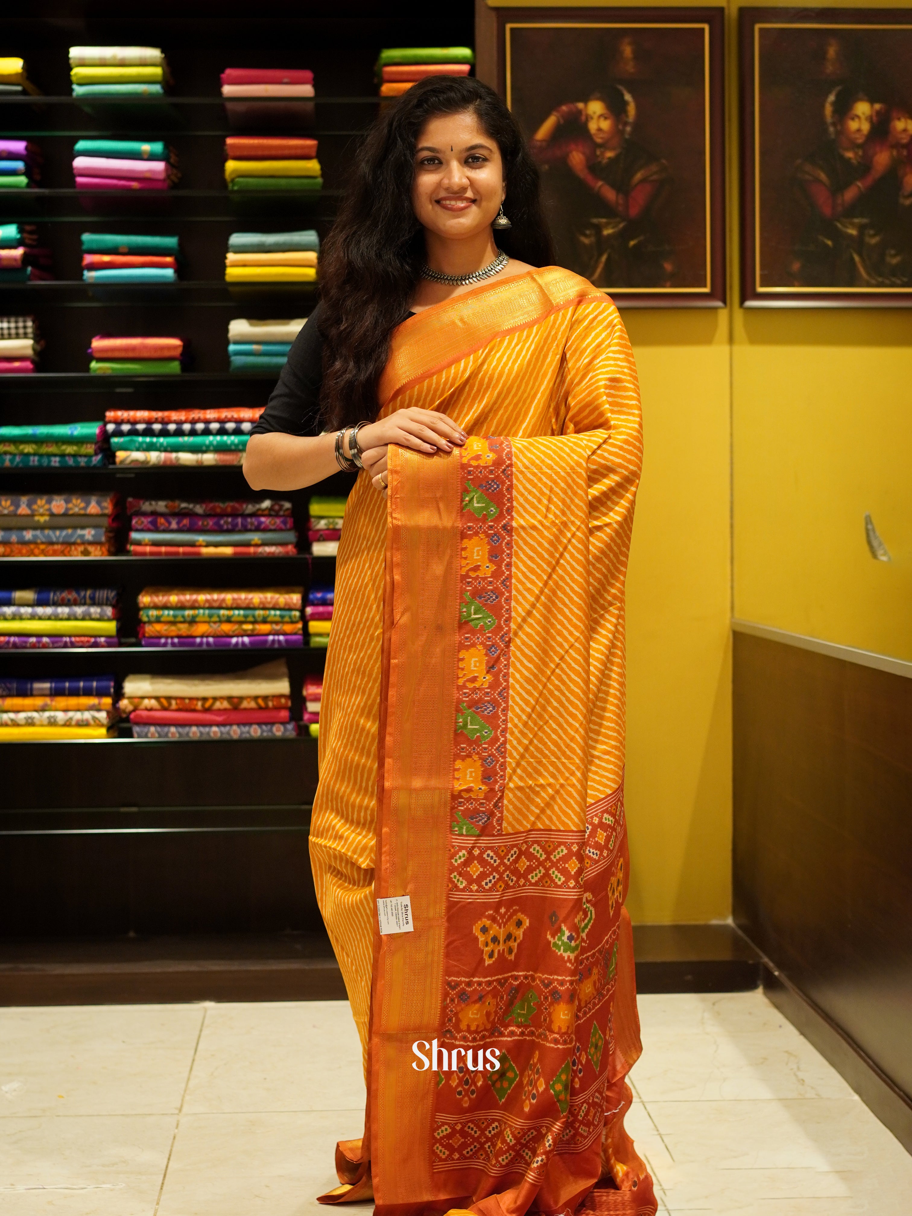 Mustard & Orange - Semi Patola Saree - Shop on ShrusEternity.com