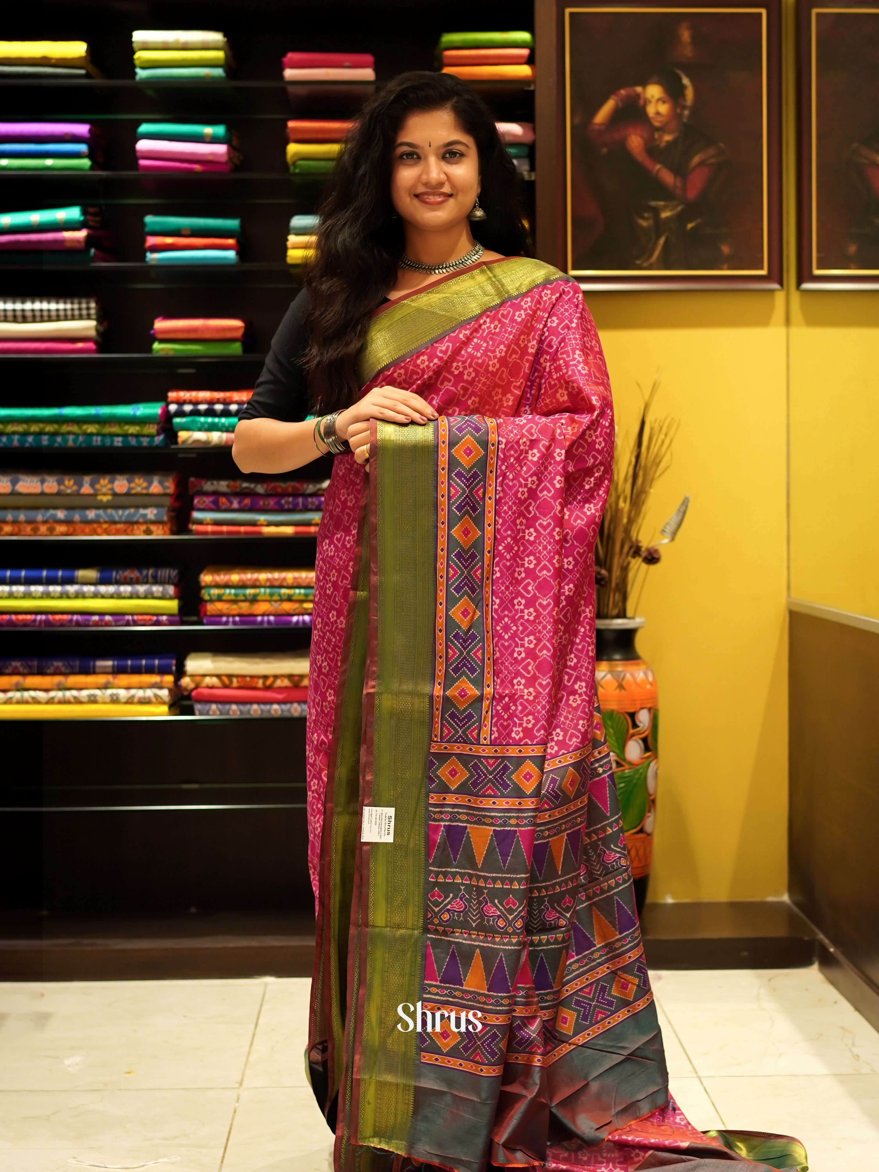 Pink & Green - Semi Patola Saree - Shop on ShrusEternity.com