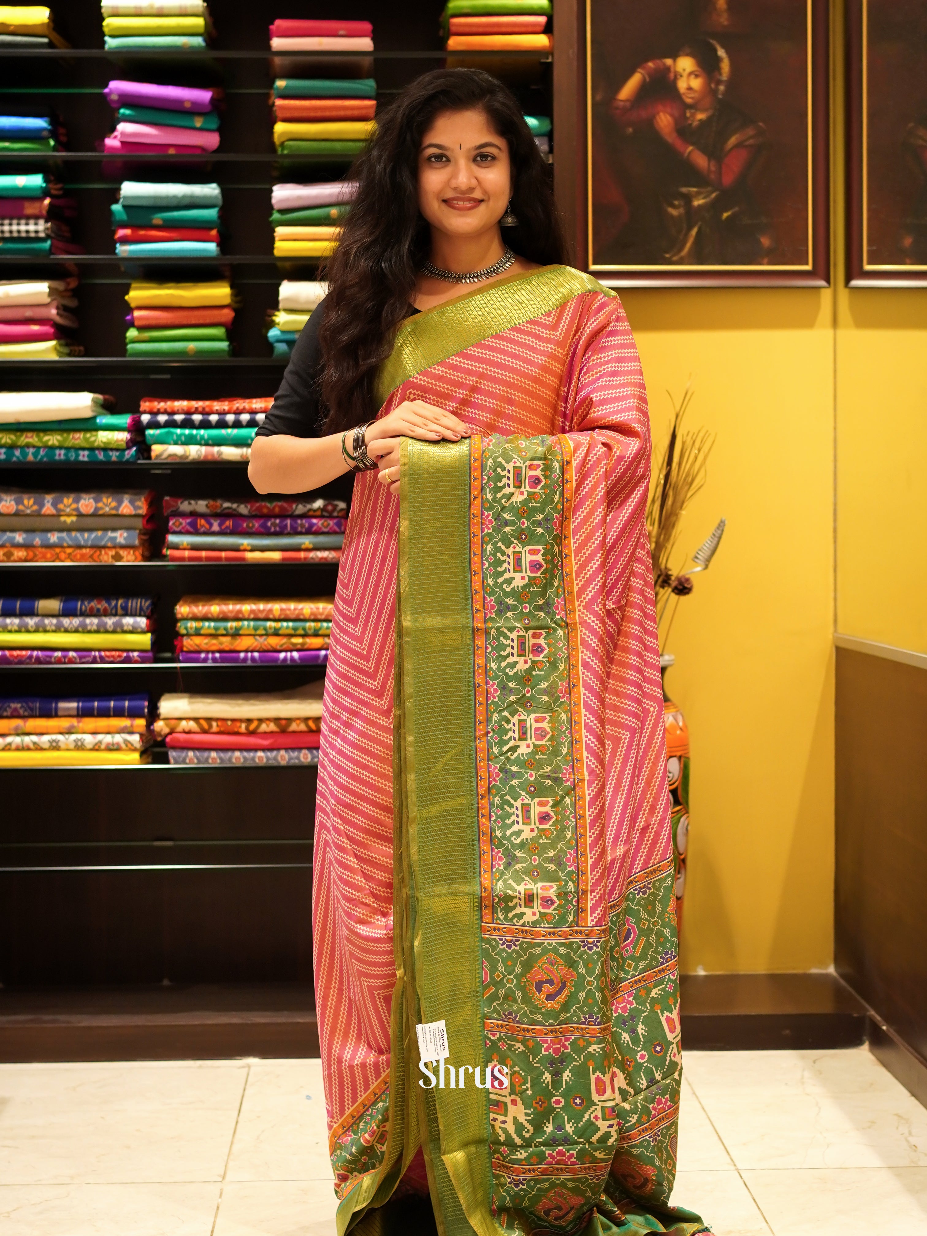 Pink & Green - Semi Patola Saree - Shop on ShrusEternity.com