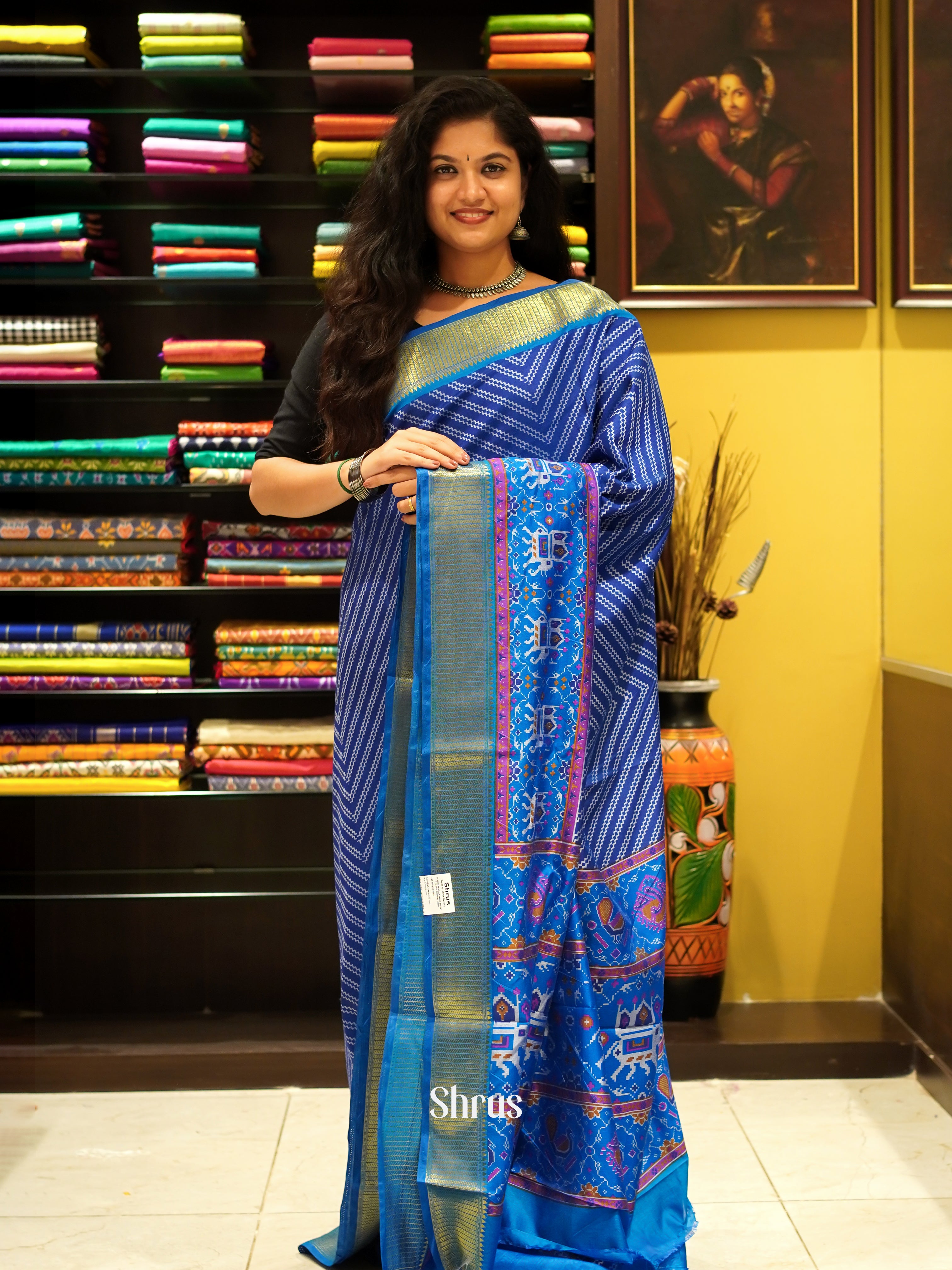 Blue(Single Tone) - Semi Patola Saree - Shop on ShrusEternity.com