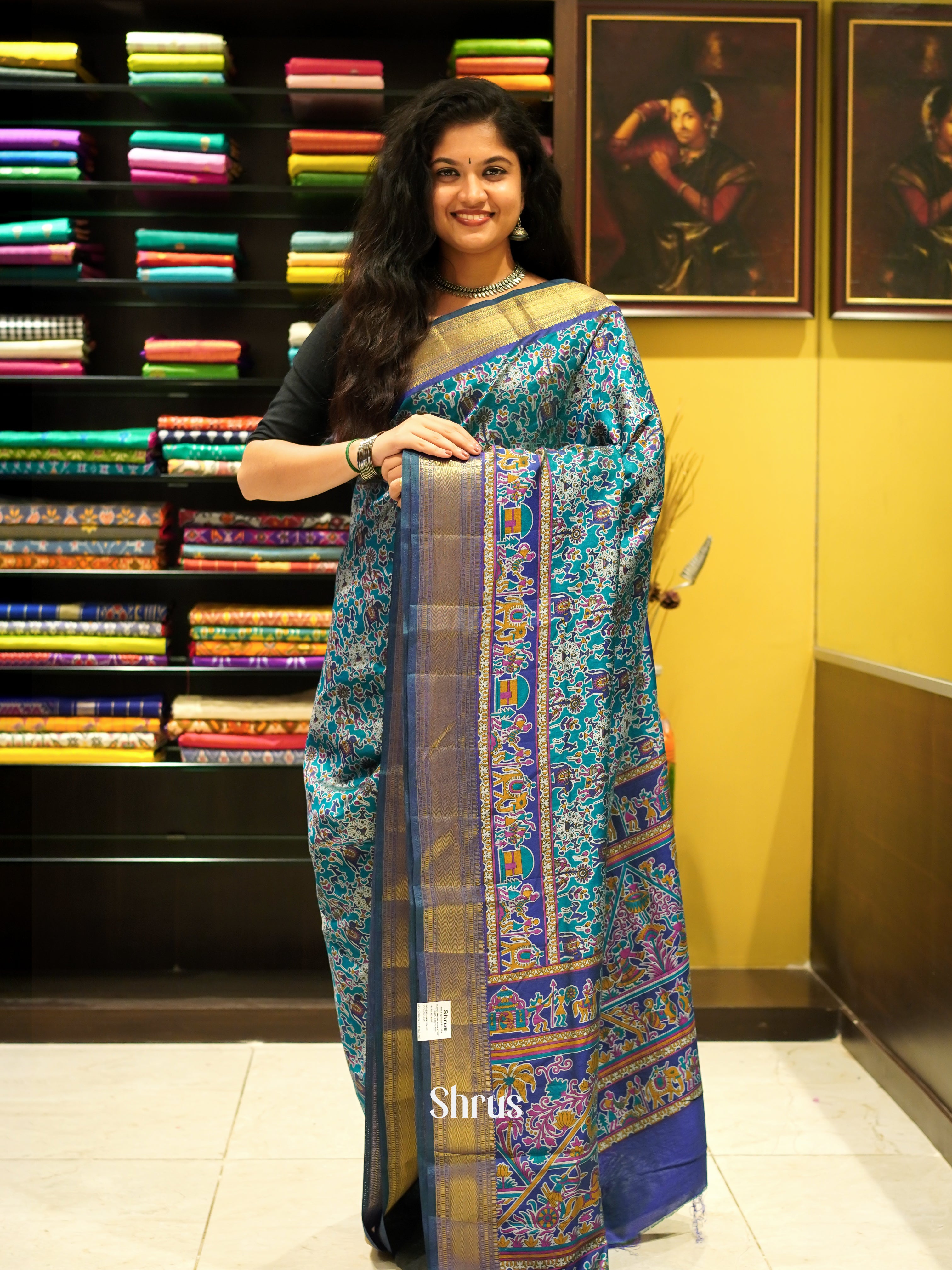 Teal & Blue- Semi Patola Saree - Shop on ShrusEternity.com