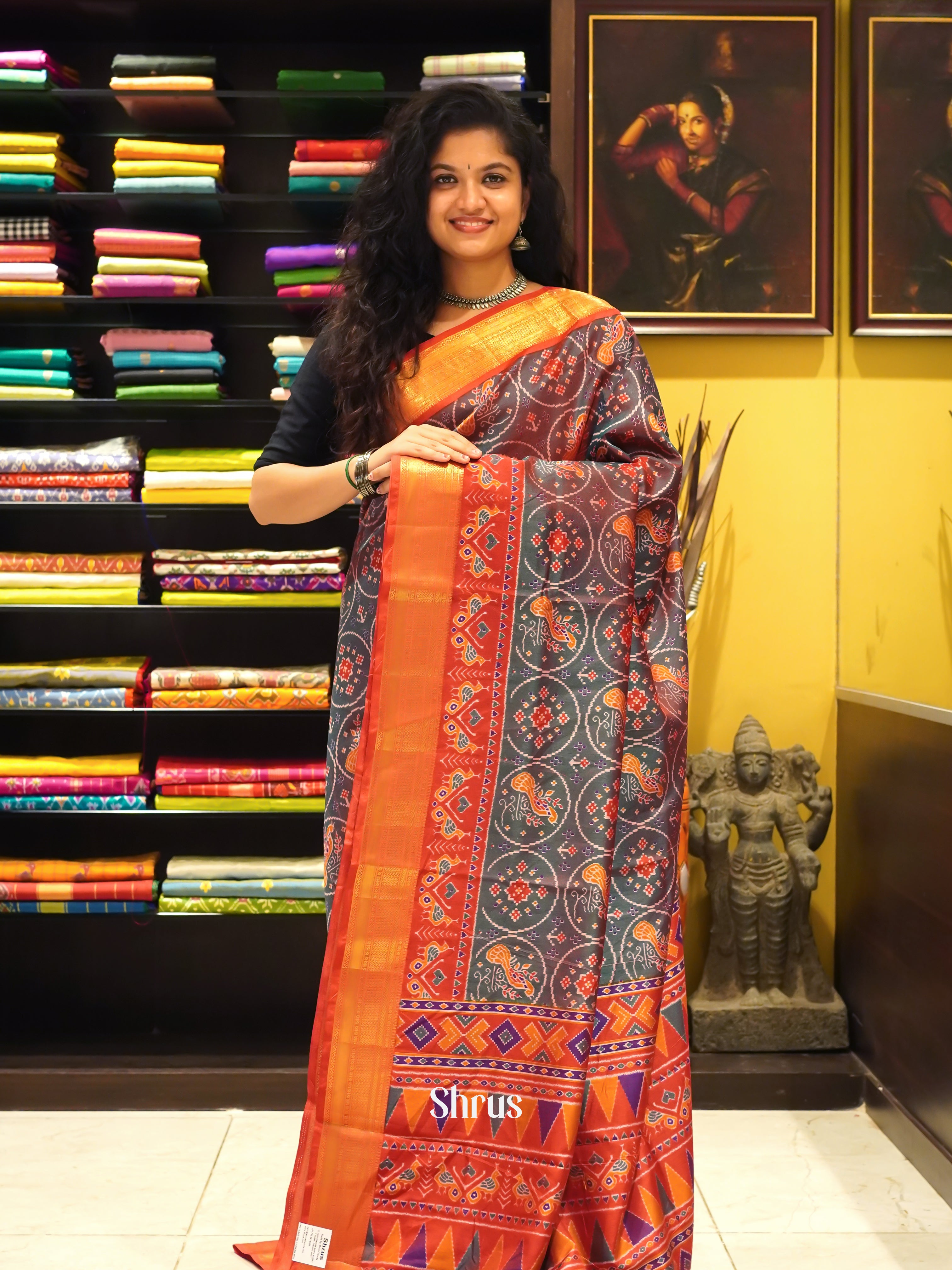 Green & Brick Red - Semi Patola Saree - Shop on ShrusEternity.com