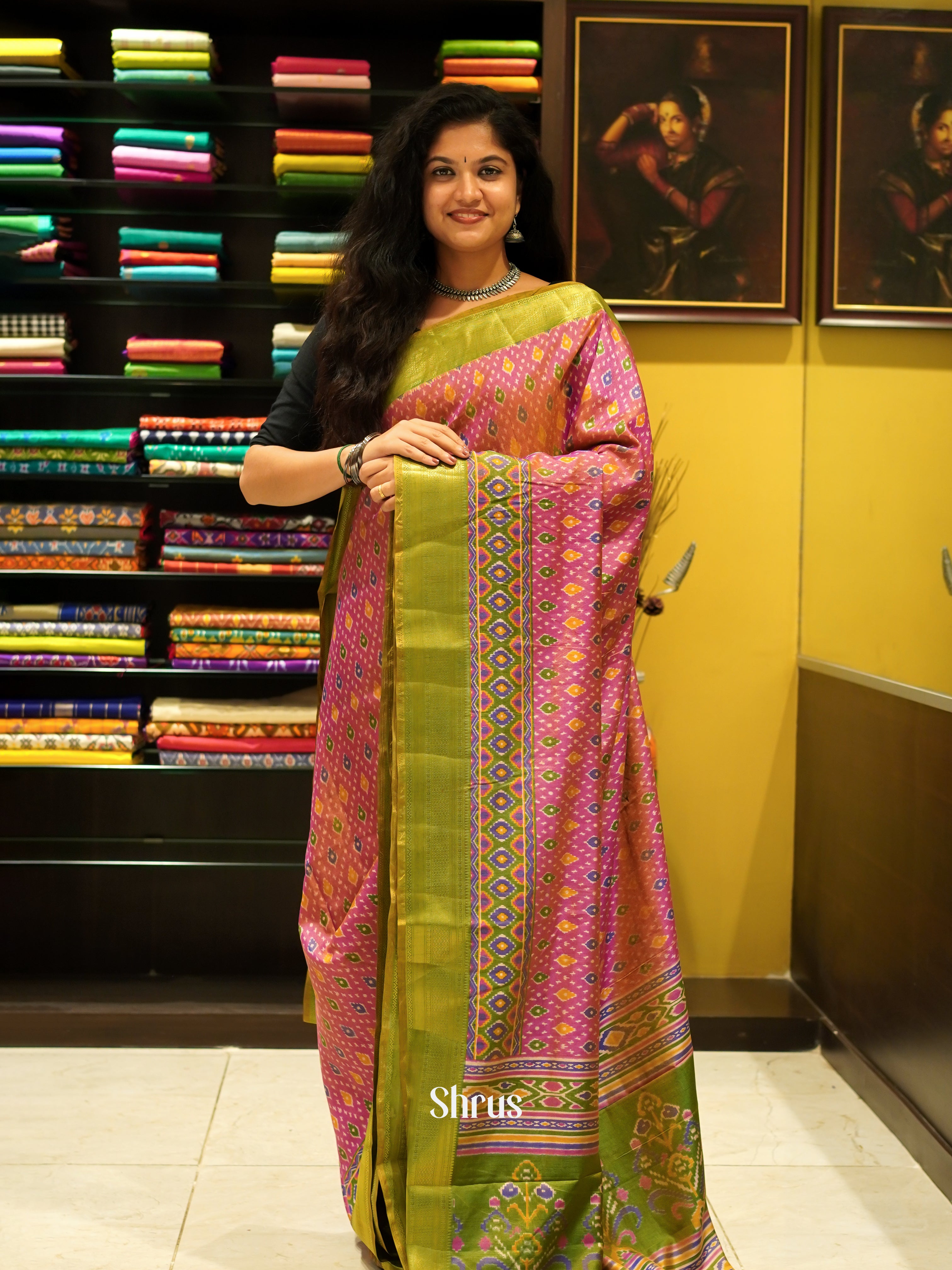 Pink & Green - Semi Patola Saree - Shop on ShrusEternity.com