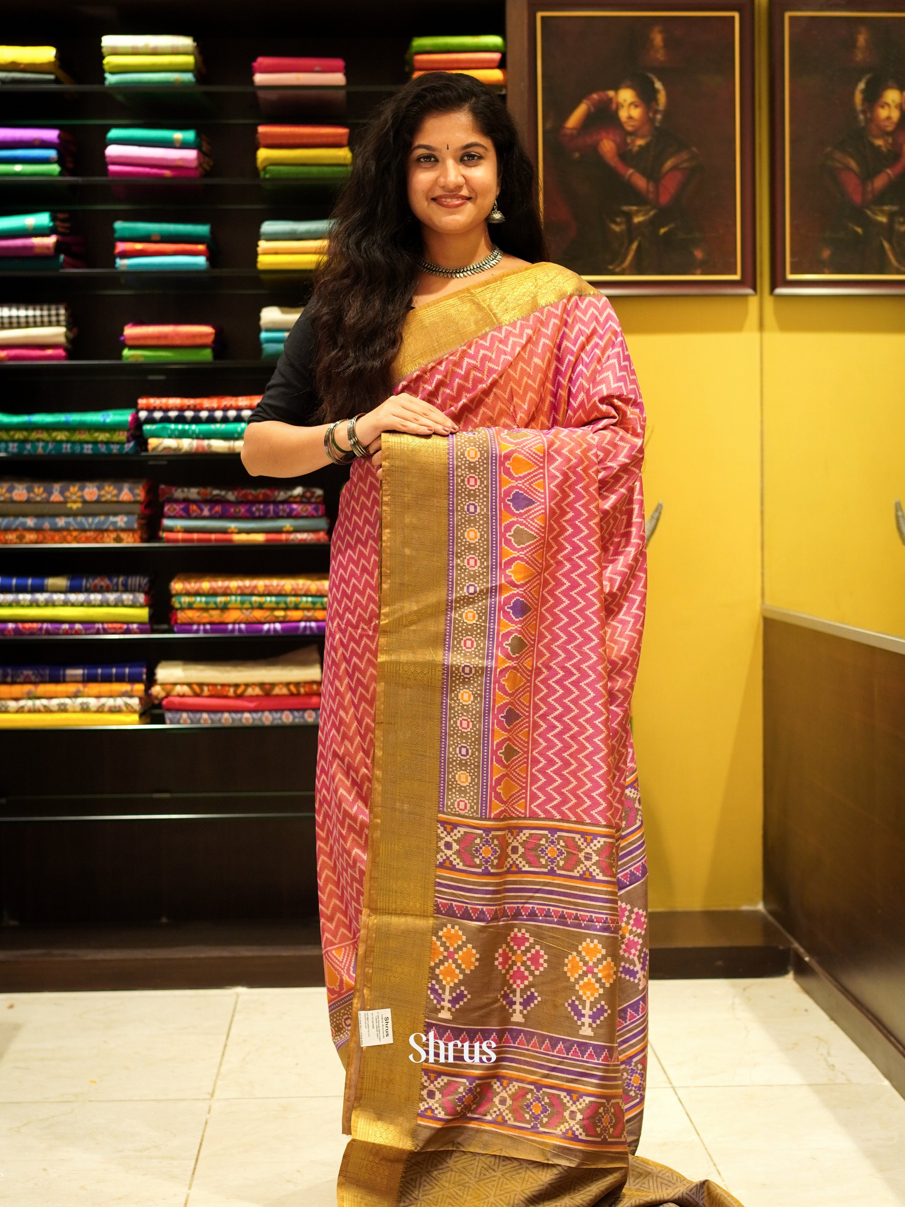 Pink & Brown - Semi Patola Saree - Shop on ShrusEternity.com