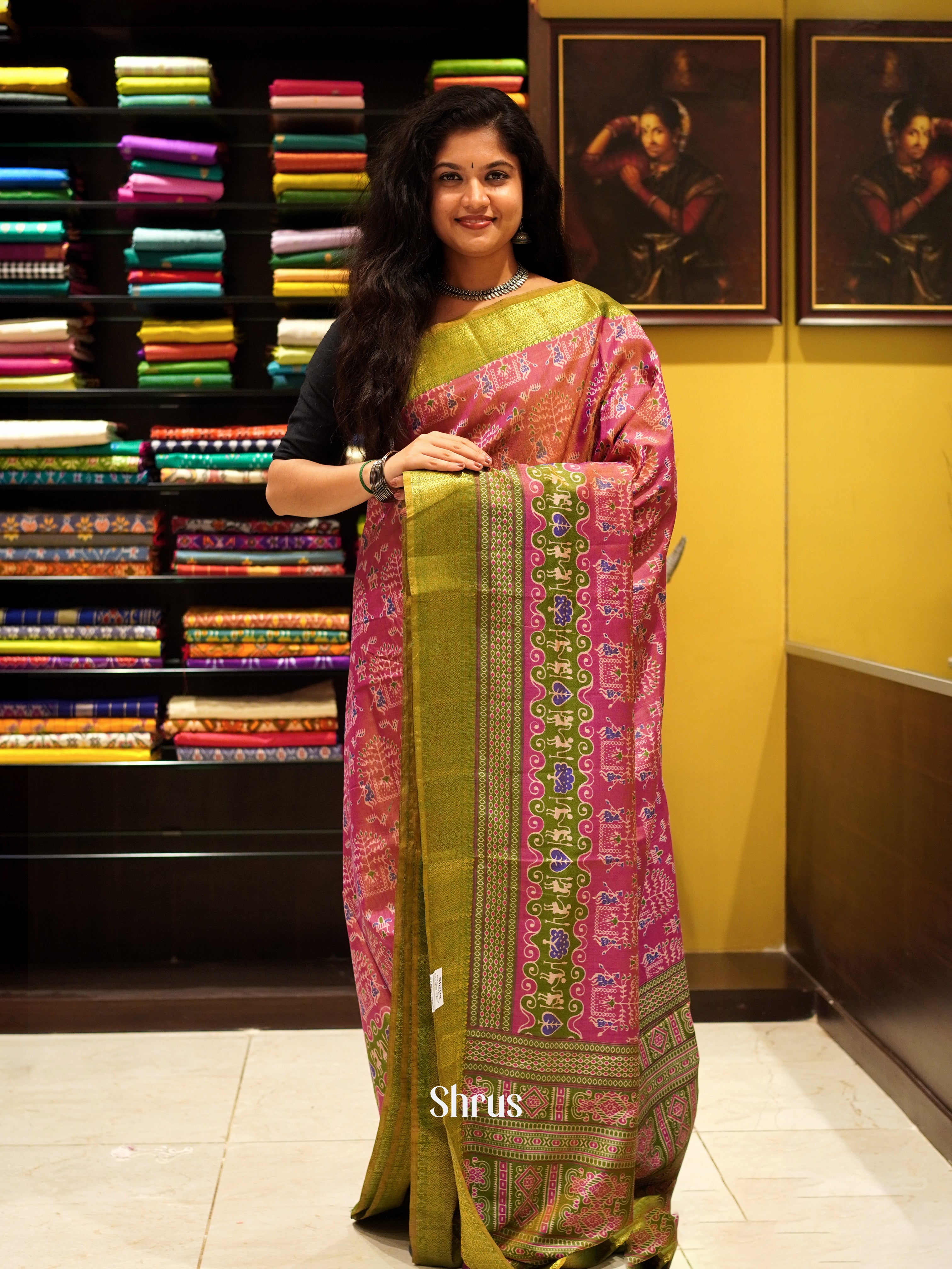 Pink & Green - Semi Patola Saree - Shop on ShrusEternity.com