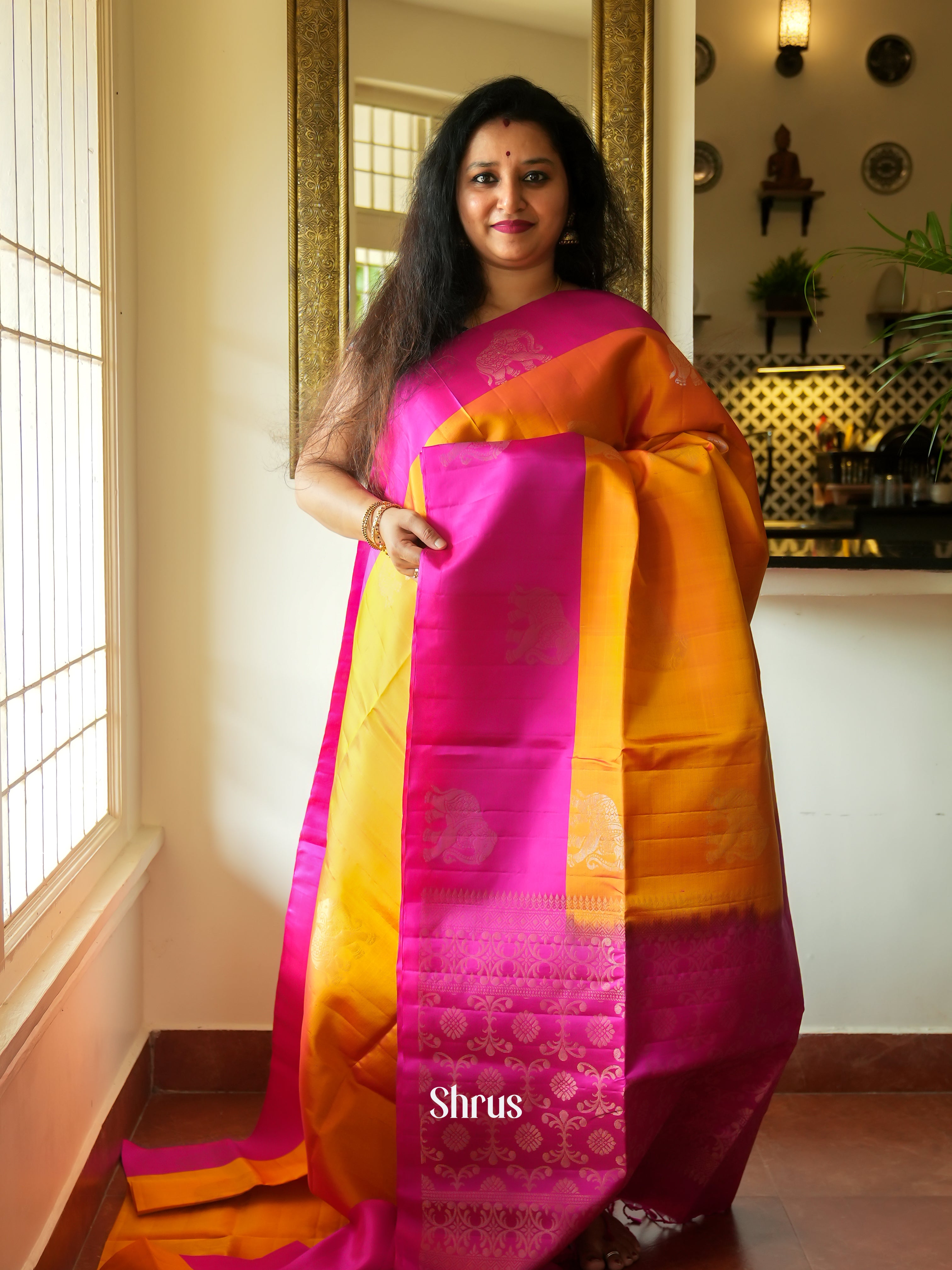 Mambazha Yellow & Pink- Soft Silk Saree - Shop on ShrusEternity.com