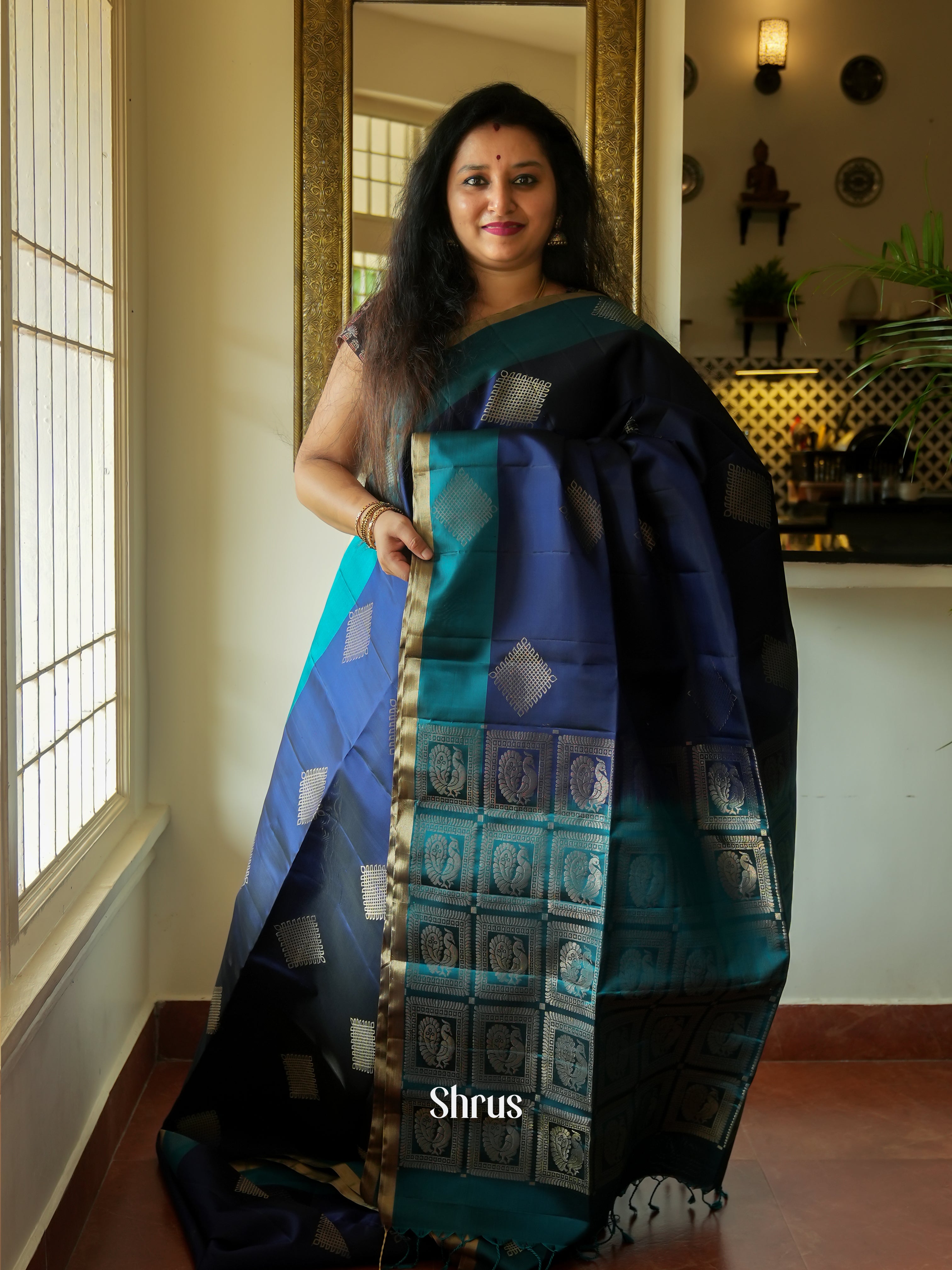 Peacock Blue & Teal- Soft Silk Saree - Shop on ShrusEternity.com