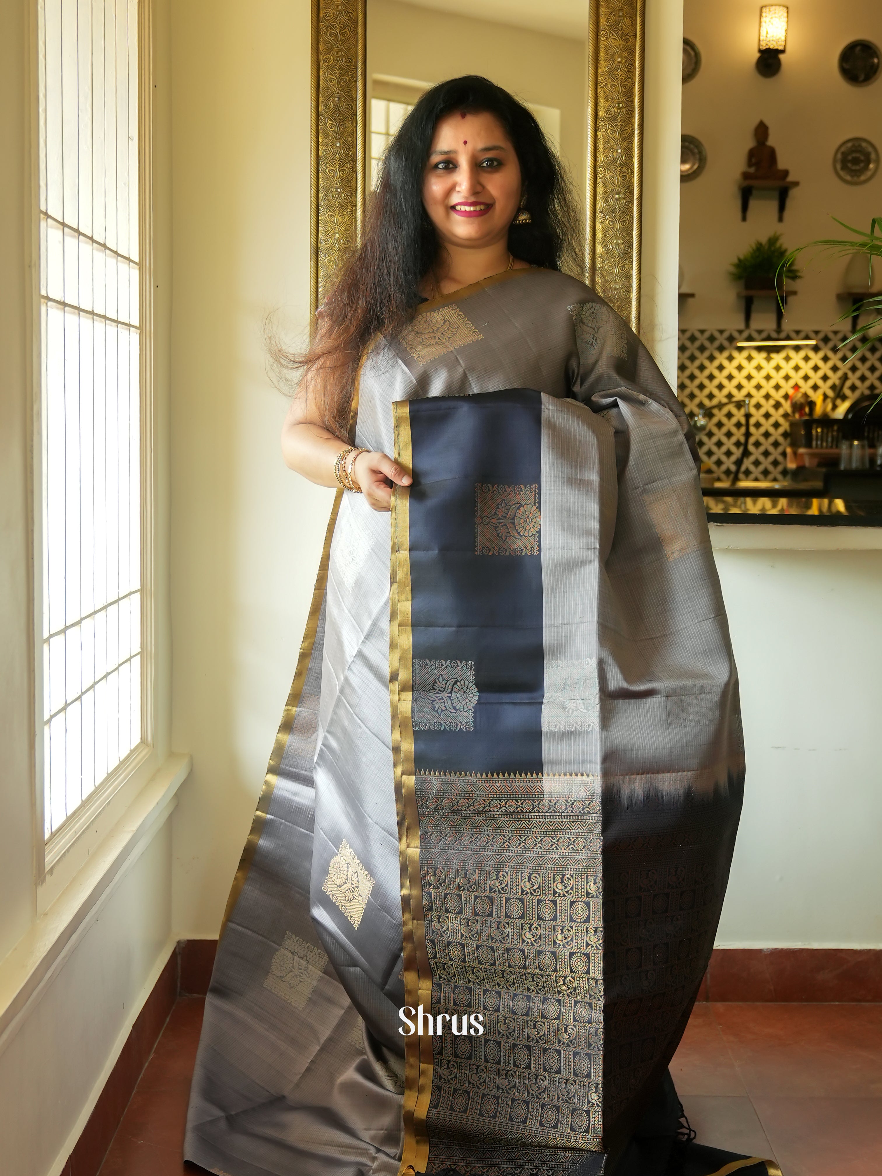 Grey & Black - Soft Silk Saree - Shop on ShrusEternity.com