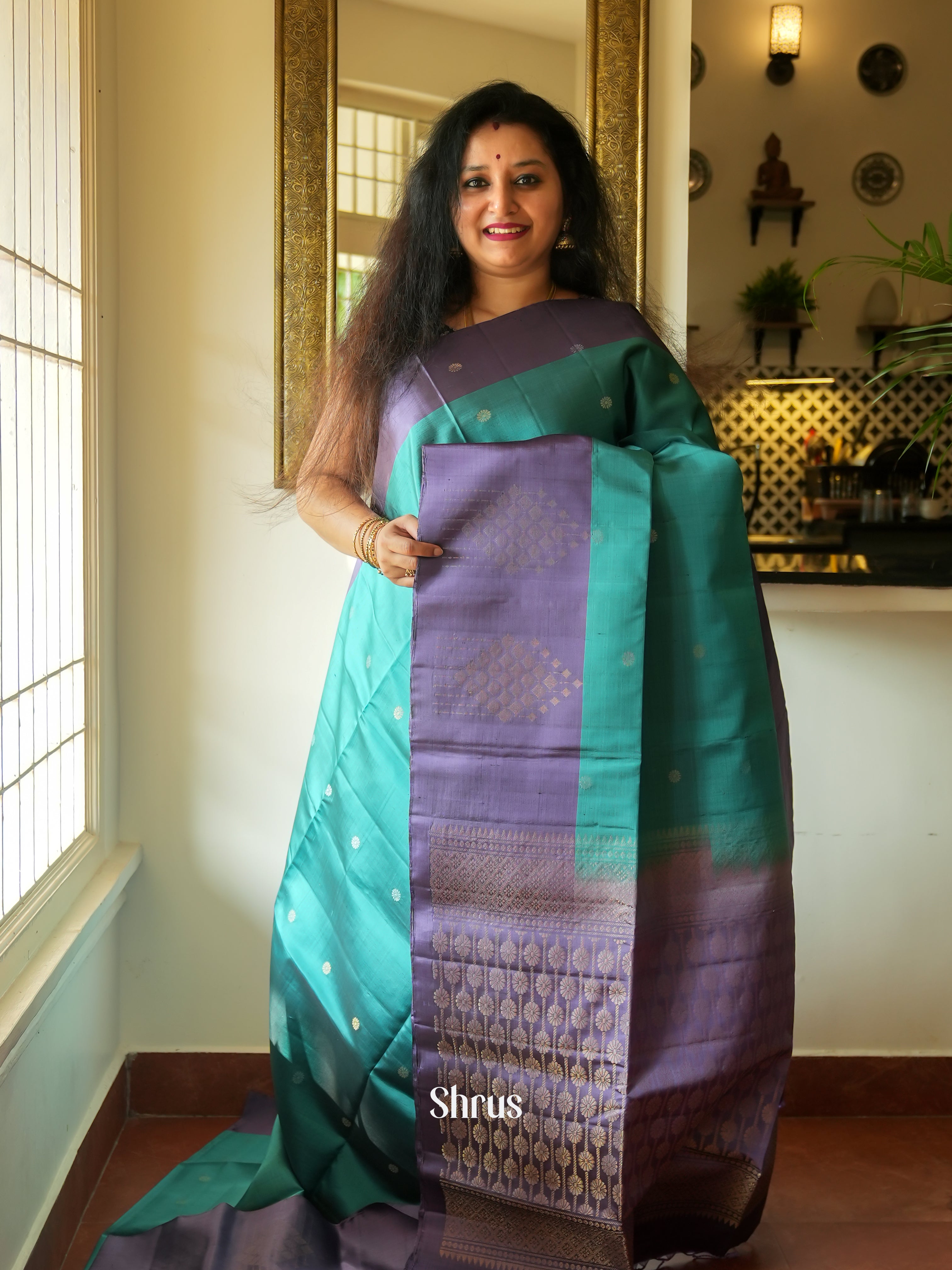 Teal & Purple - Soft Silk Saree - Shop on ShrusEternity.com