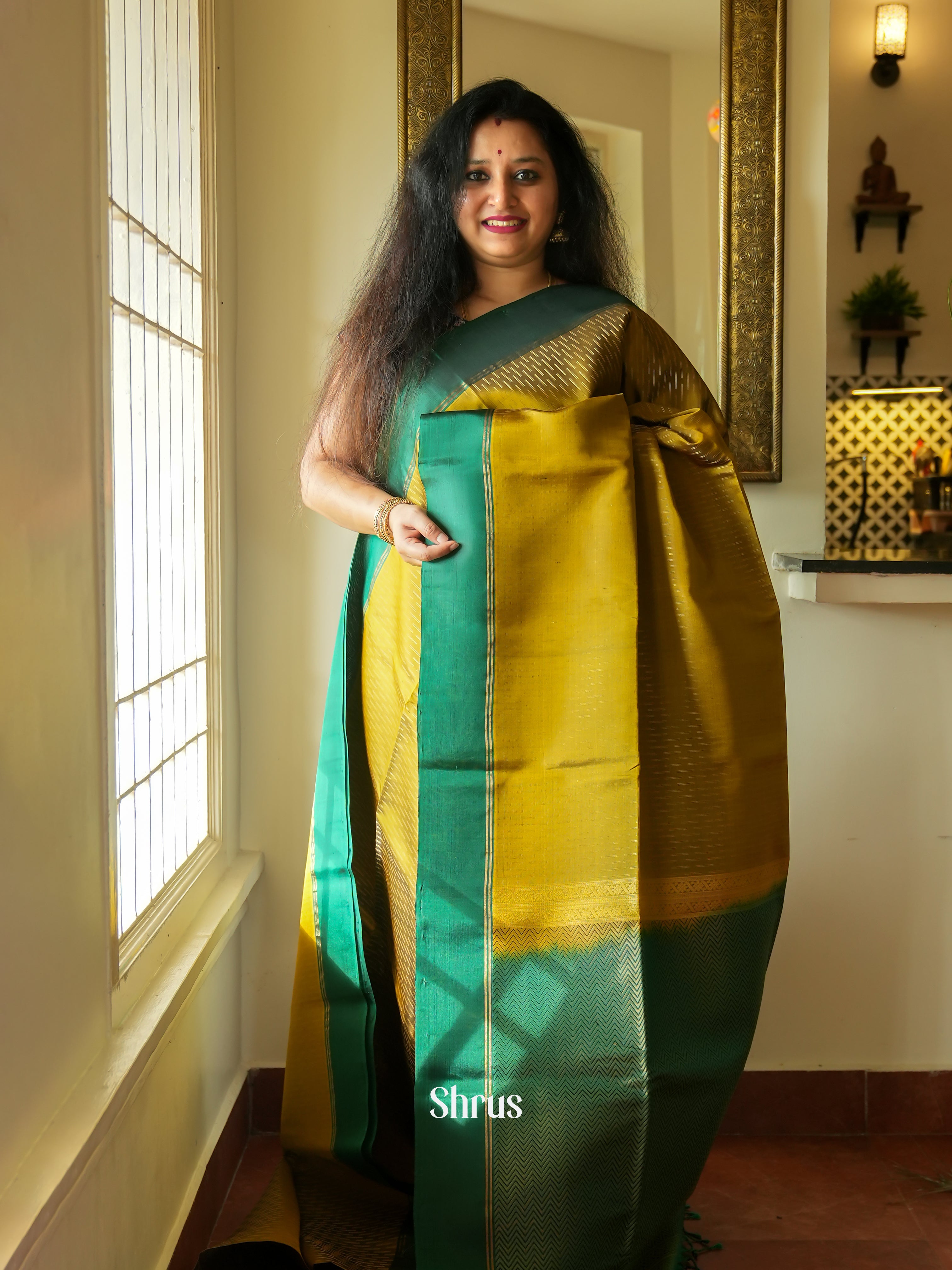 Mustardy Green & Green - Soft Silk Saree - Shop on ShrusEternity.com