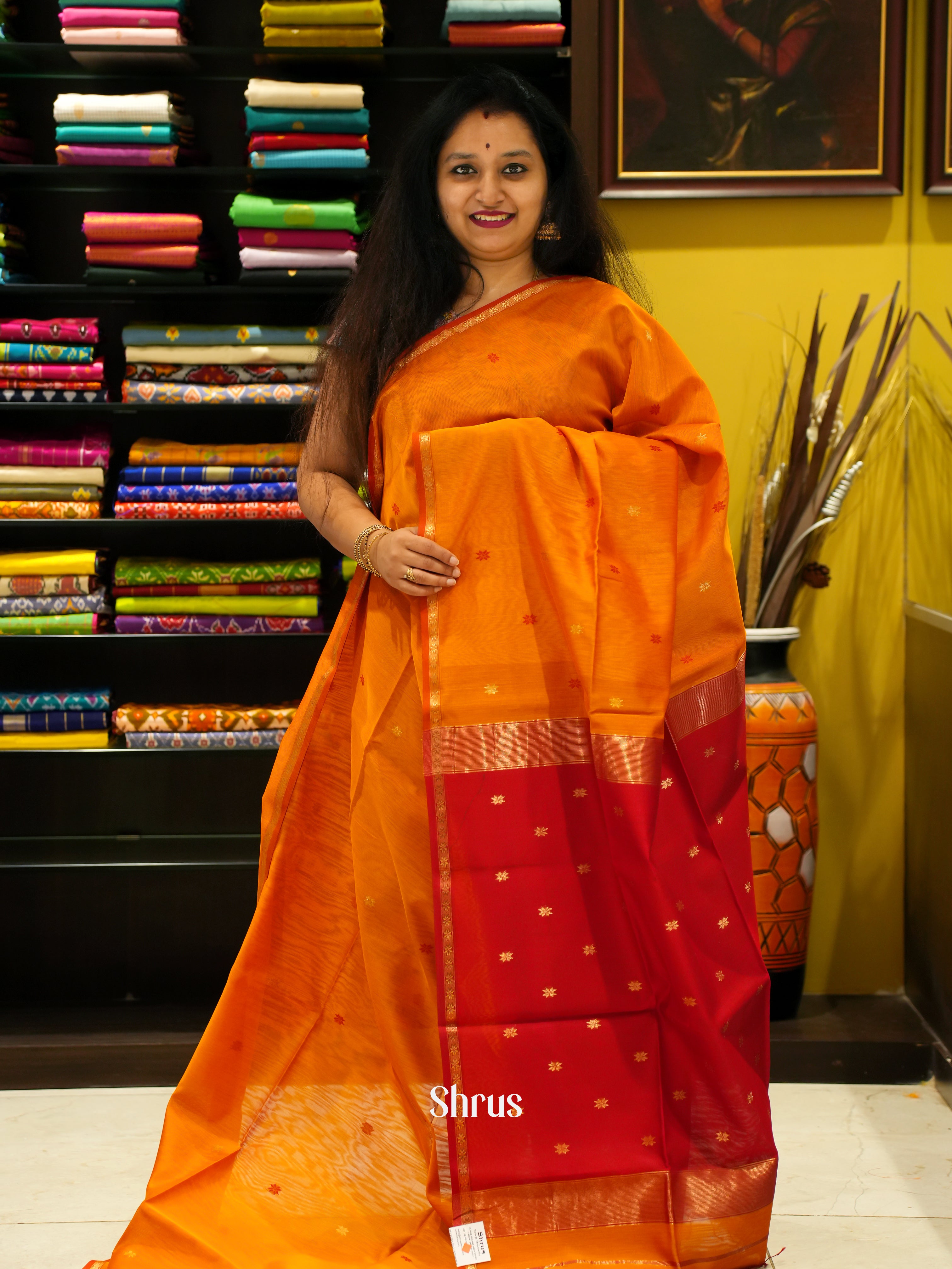 Orange & Red - Maheshwari silkcotton Saree - Shop on ShrusEternity.com