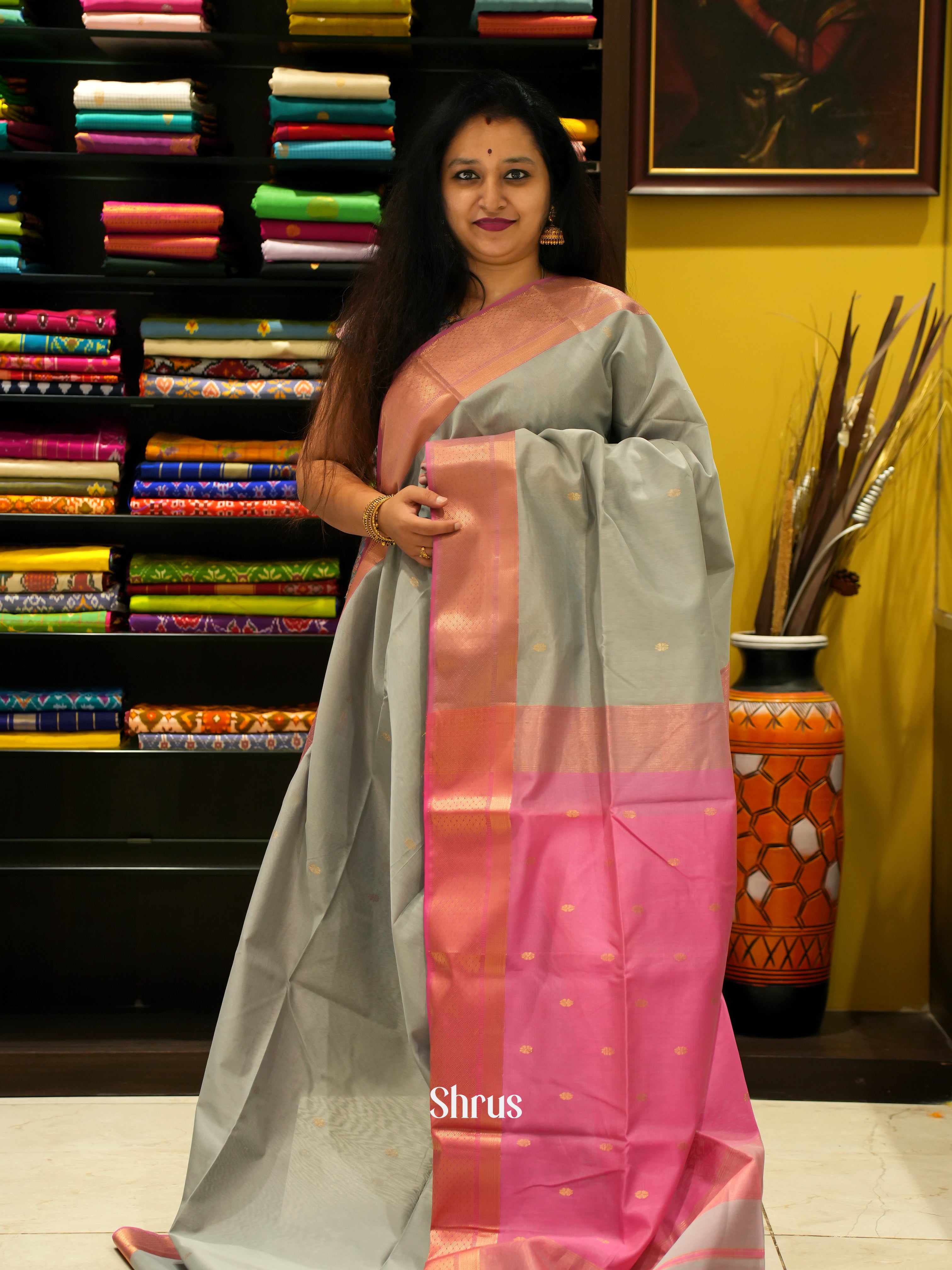 Grey & Pink - Maheshwari silkcotton Saree - Shop on ShrusEternity.com