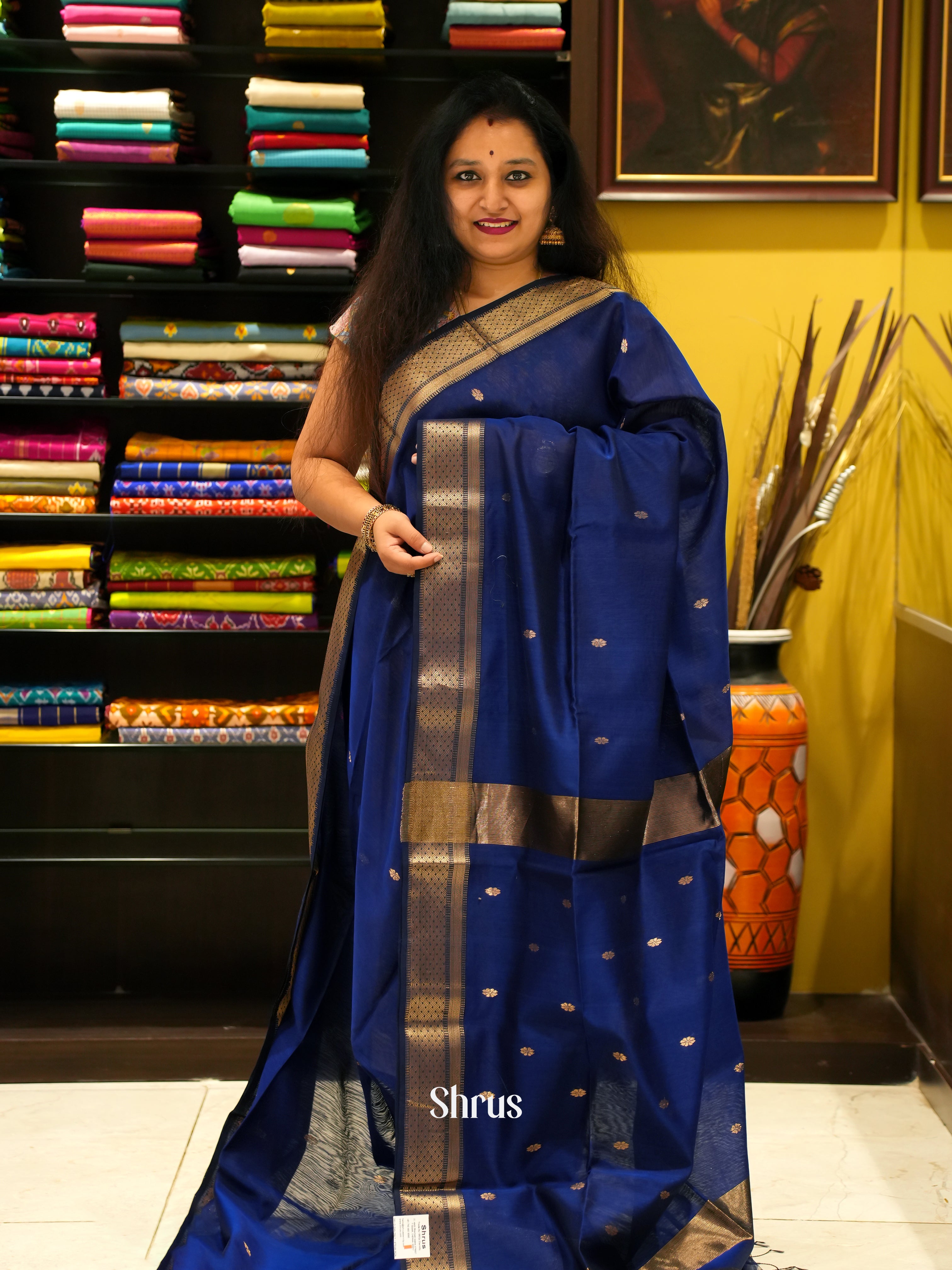 Blue(Single Tone) - Maheshwari silkcotton Saree - Shop on ShrusEternity.com