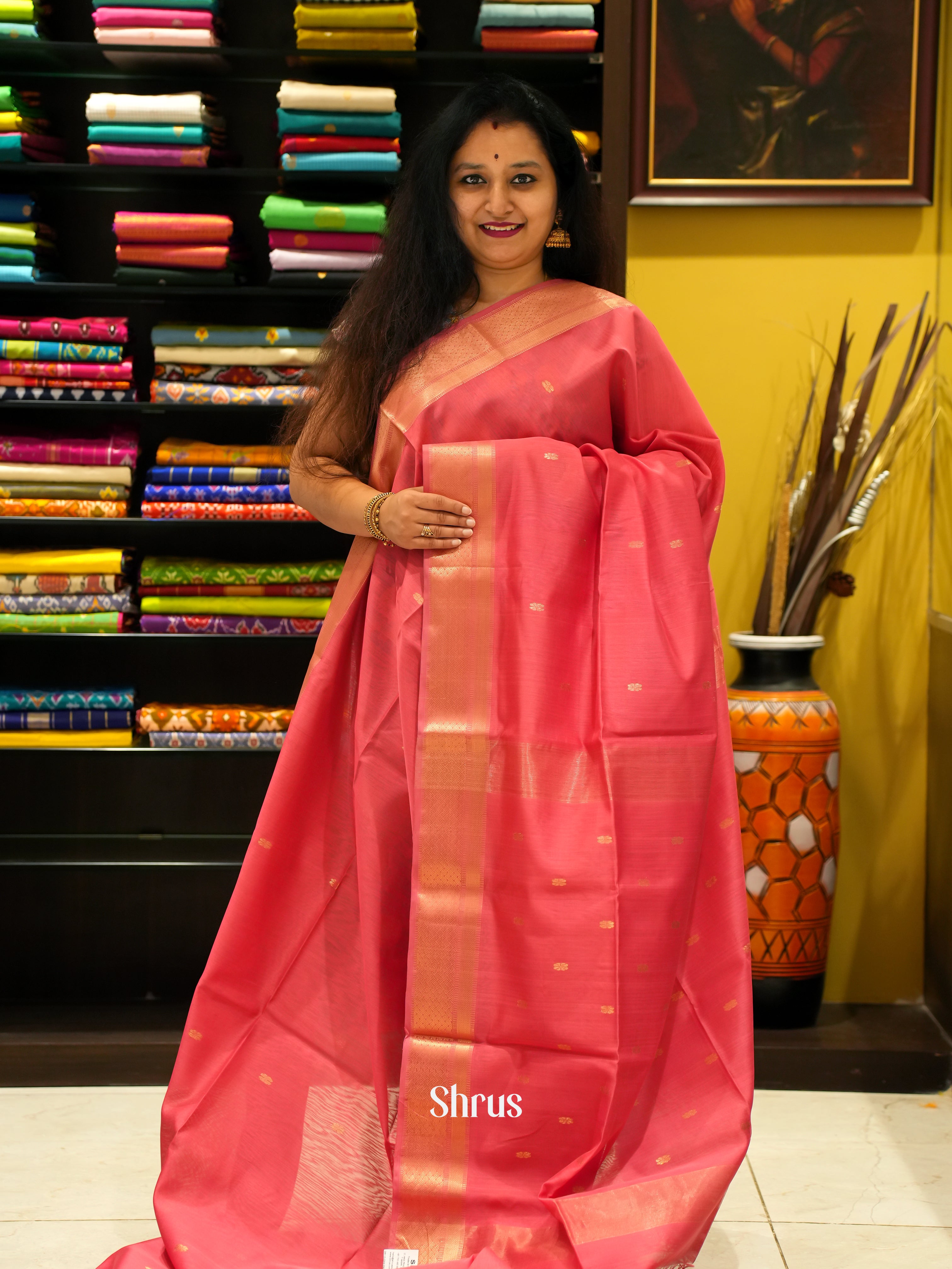 Pink(Single Tone) - Maheshwari silk cotton Saree - Shop on ShrusEternity.com