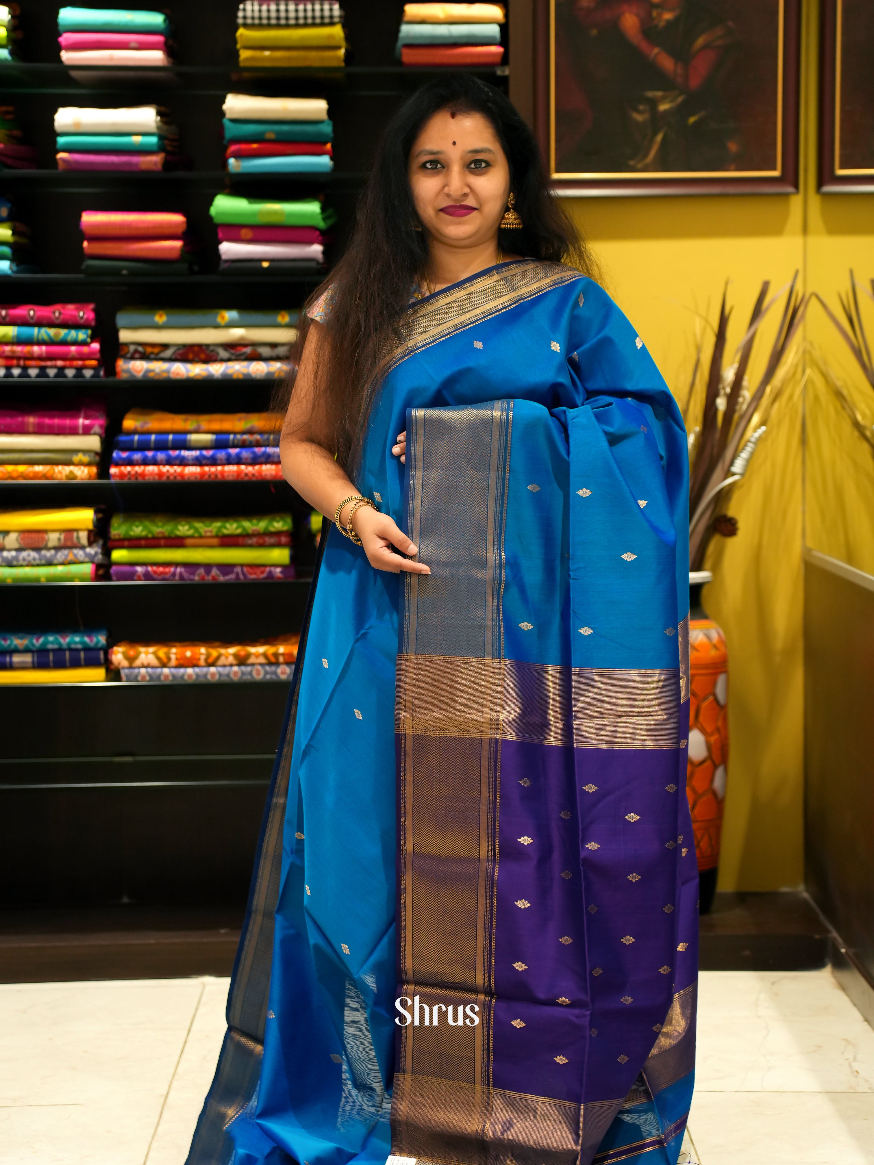Blue & Violet - Maheshwari silk cotton Saree - Shop on ShrusEternity.com