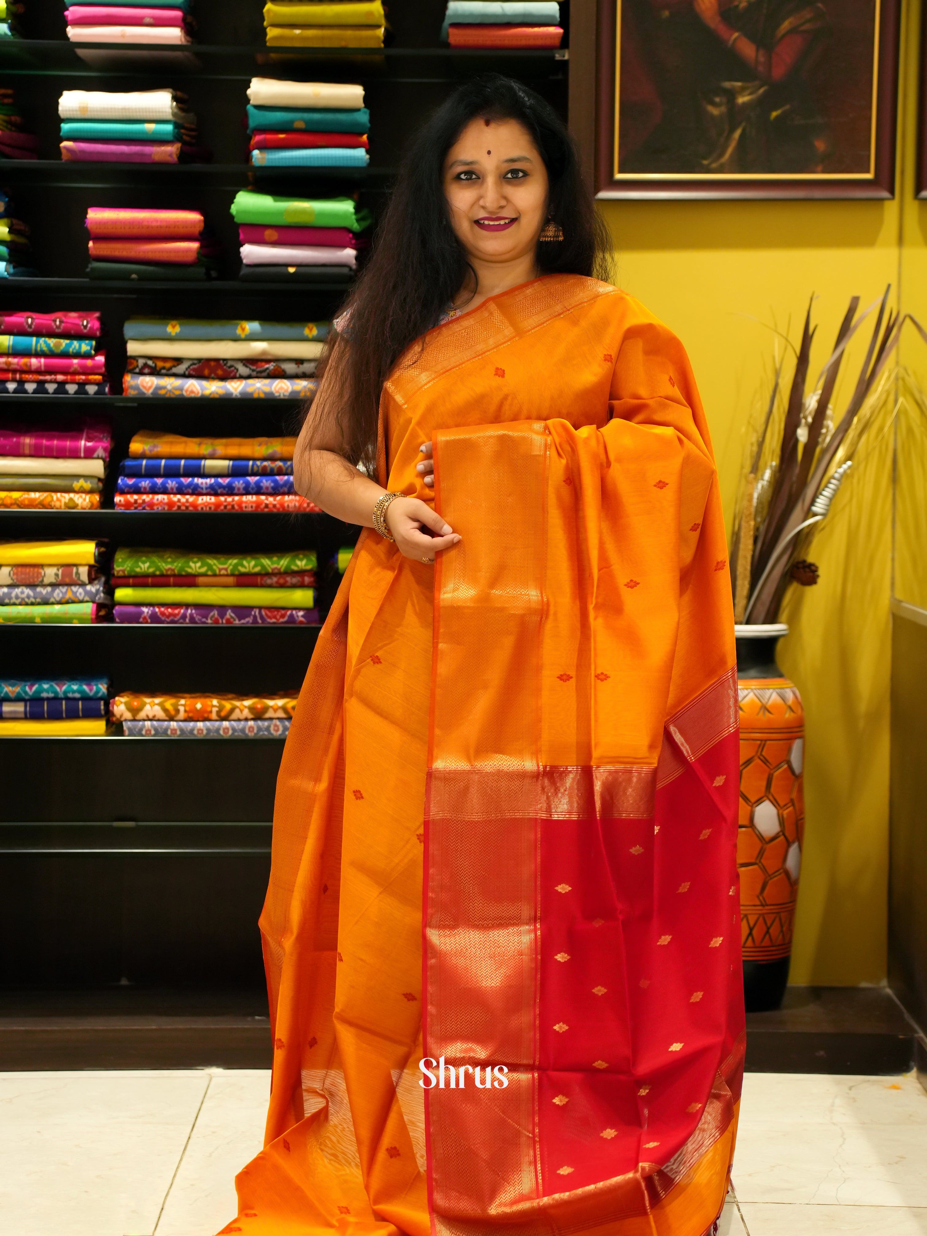 Sunset Orange & Red - Maheshwari silkcotton Saree - Shop on ShrusEternity.com