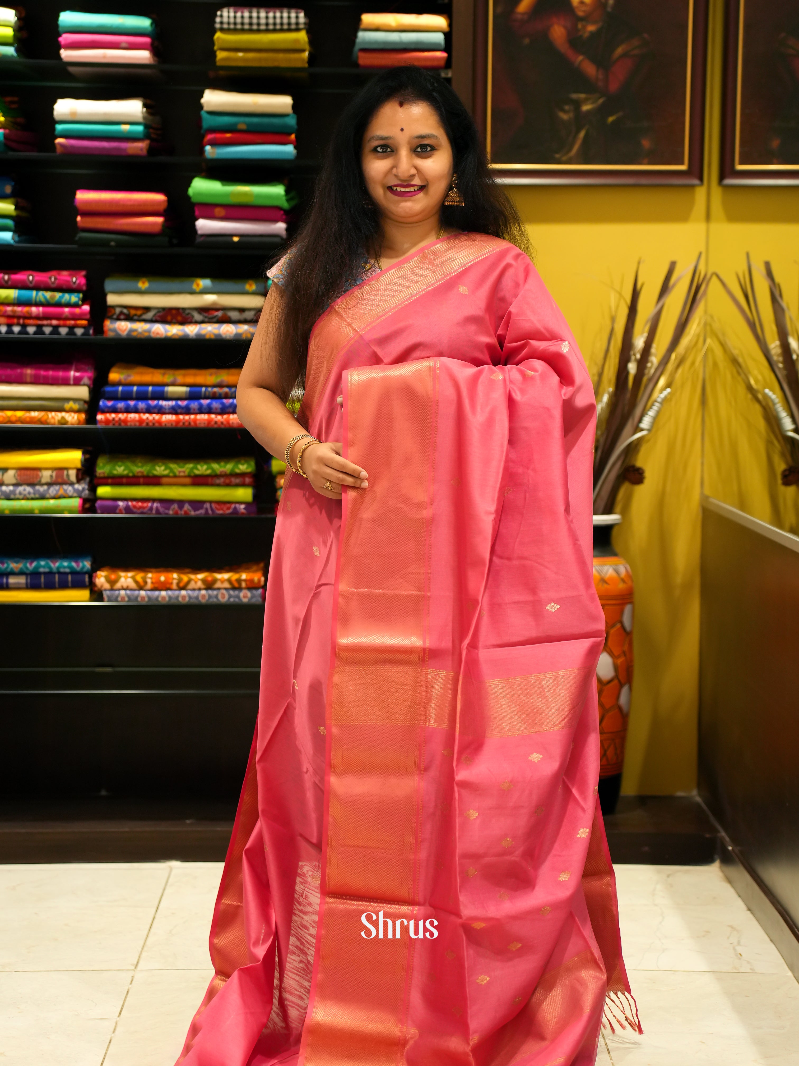 Pink(Single Tone) - Maheshwari silkcotton Saree - Shop on ShrusEternity.com