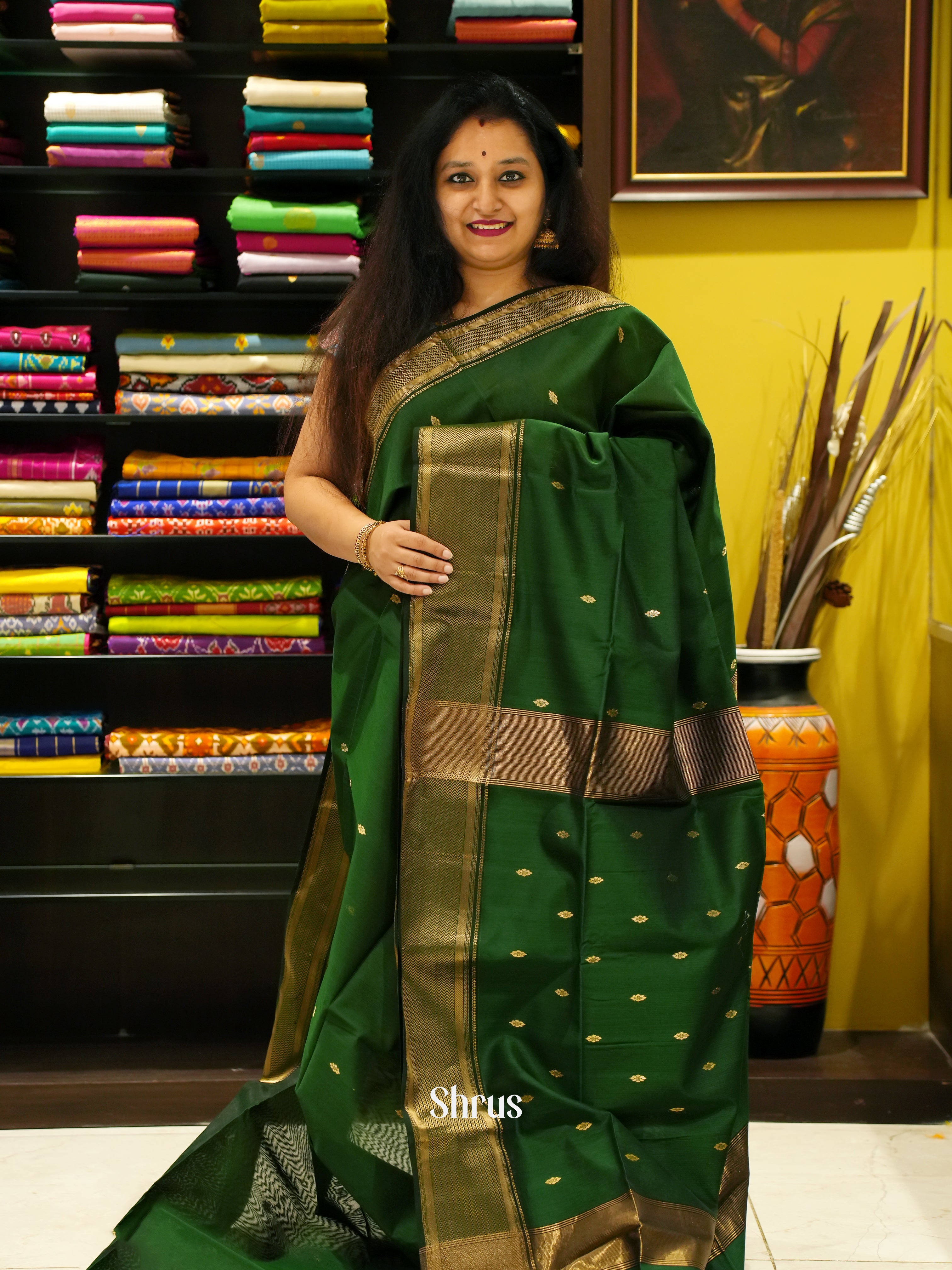 Green(Single Tone) - Maheshwari silkcotton Saree - Shop on ShrusEternity.com