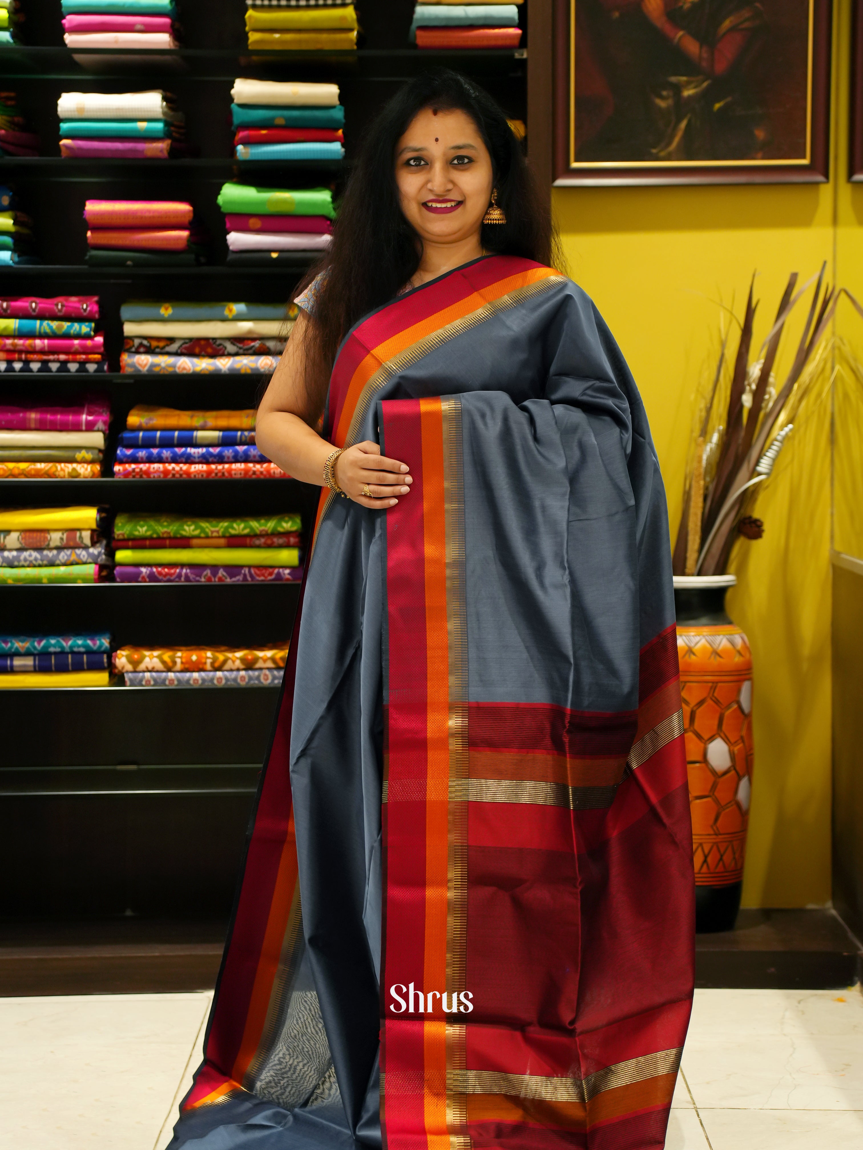 Grey & Maroon - Maheshwari silkcotton Saree - Shop on ShrusEternity.com