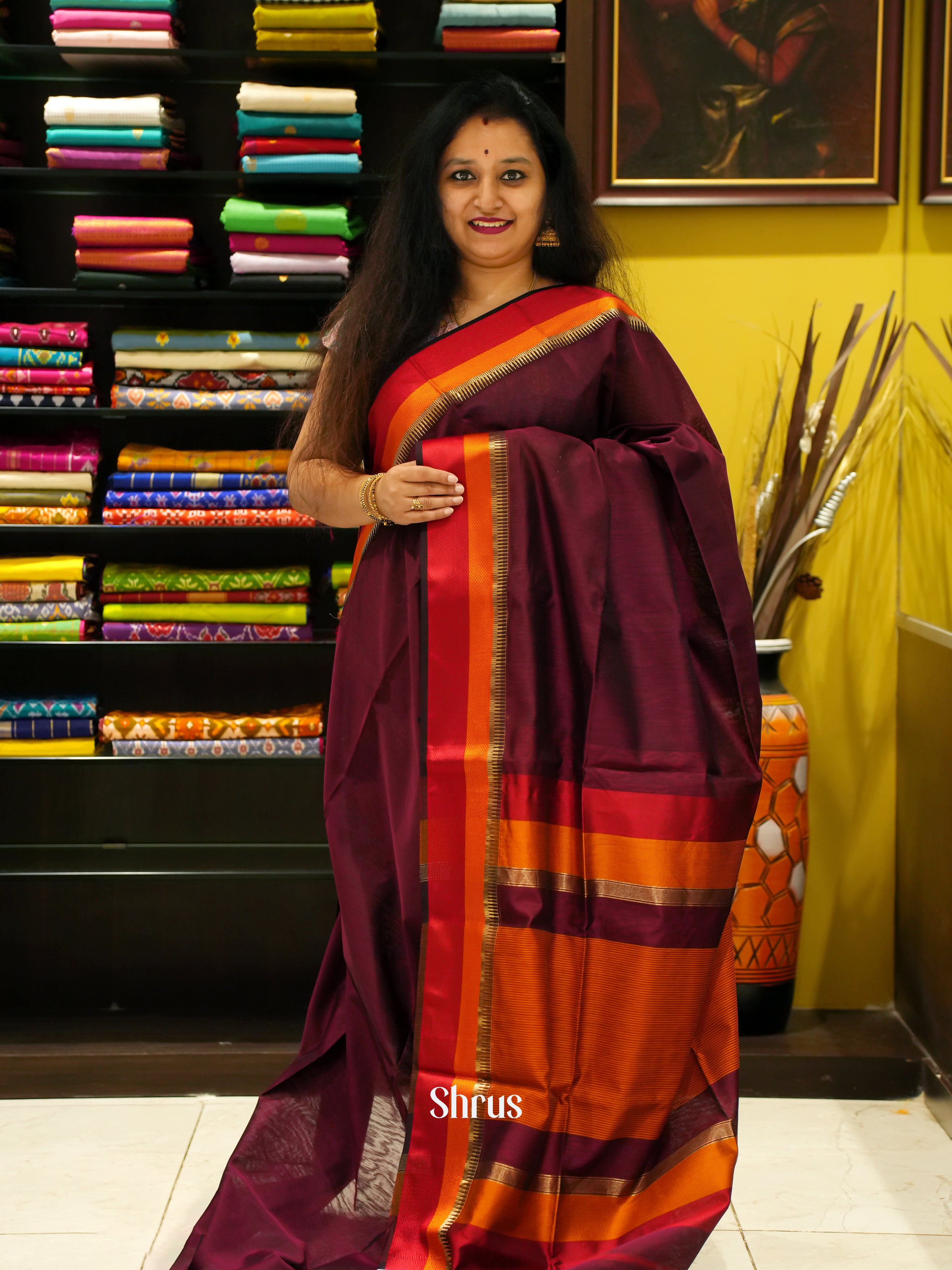 Wine & Red - Maheshwari silkcotton Saree - Shop on ShrusEternity.com